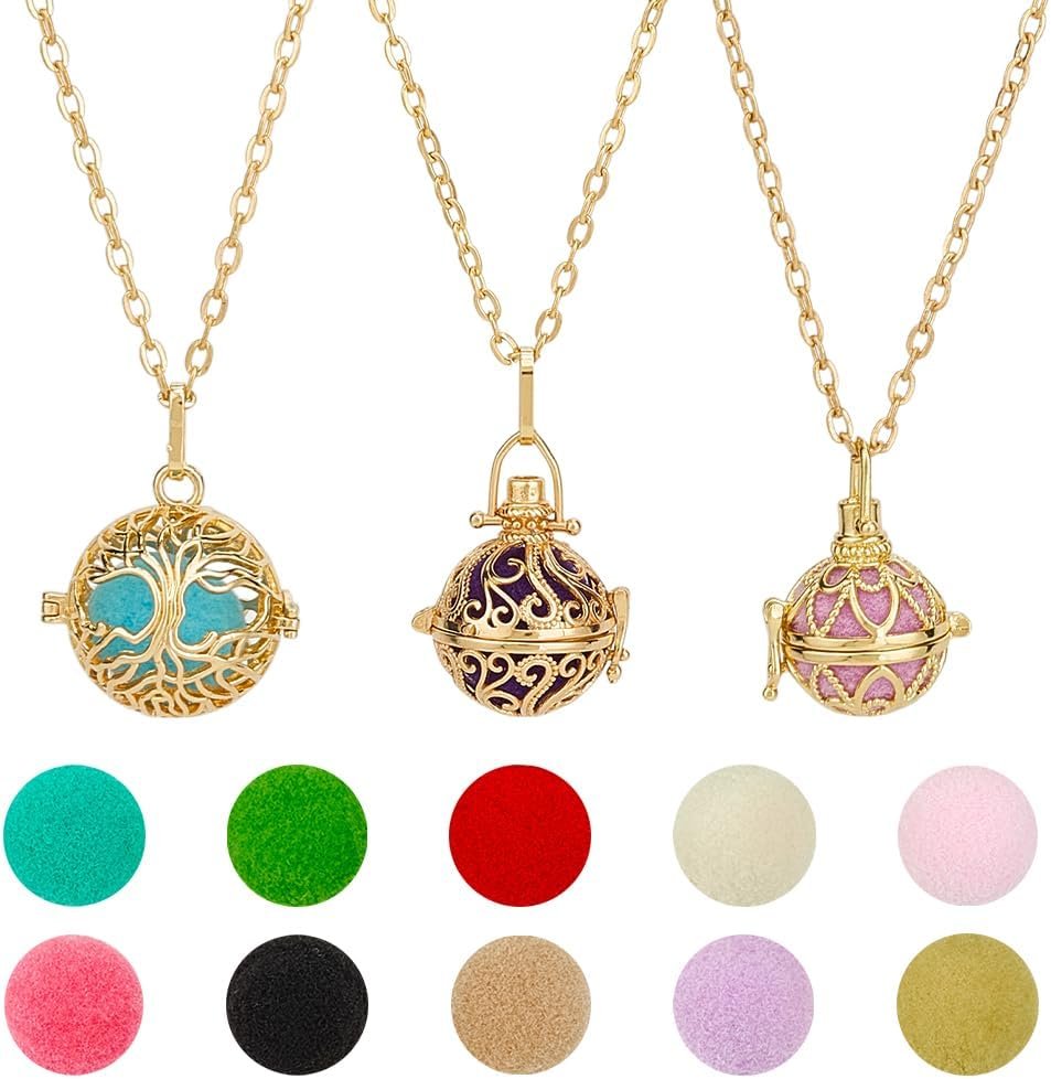 PH PandaHall 3pcs Golden Essential Oil Diffuser Necklace, Aromatherapy Locket Pendant with 10pcs Color Cotton Balls Scent Necklace Hollow Flower Pendant Necklaces for Men Women Jewelry Birthday Gifts