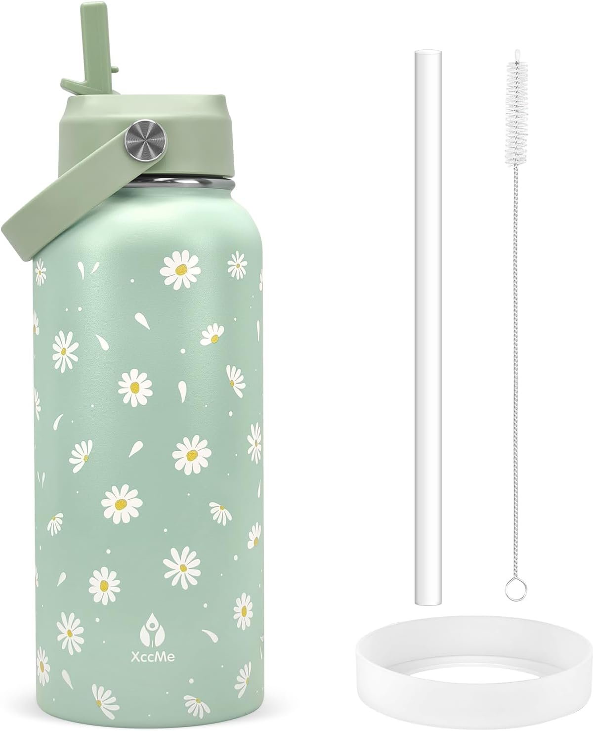 32 oz Insulated Water Bottle with Lid,Green Daisy Stainless Steel Water Bottl with Flip Straw and Handle,Gifts for Women Girls Teens Birthday Christmas,Leak Proof Cute Metal Water Bottle