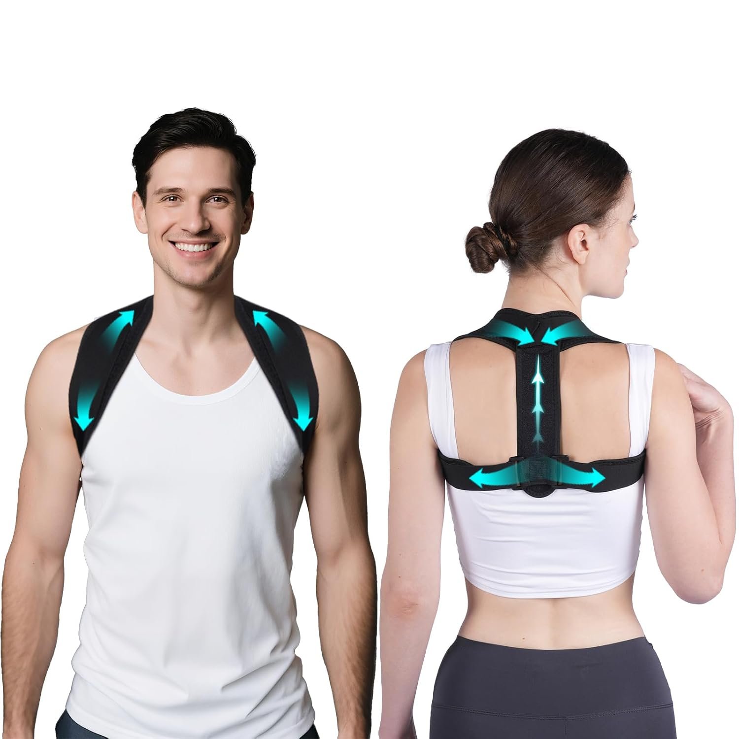 Posture Corrector for Women & Men – Adjustable Upper Back Brace Straightener Suitable for Lumbar, Shoulder, Neck, Scoliosis, Providing Comfortable Elastic Support and Pain Relief (1, Black)