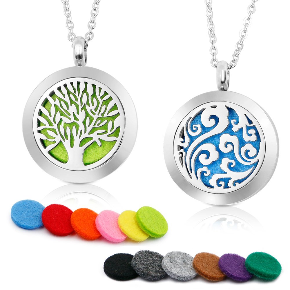 RoyAroma 2PCS Aromatherapy Essential Oil Diffuser Necklace Two Patterns Pendant Locket Jewelry,23.6″ Adjustable Chain Stainless Steel Perfume Necklace Gift for Mother’s Day