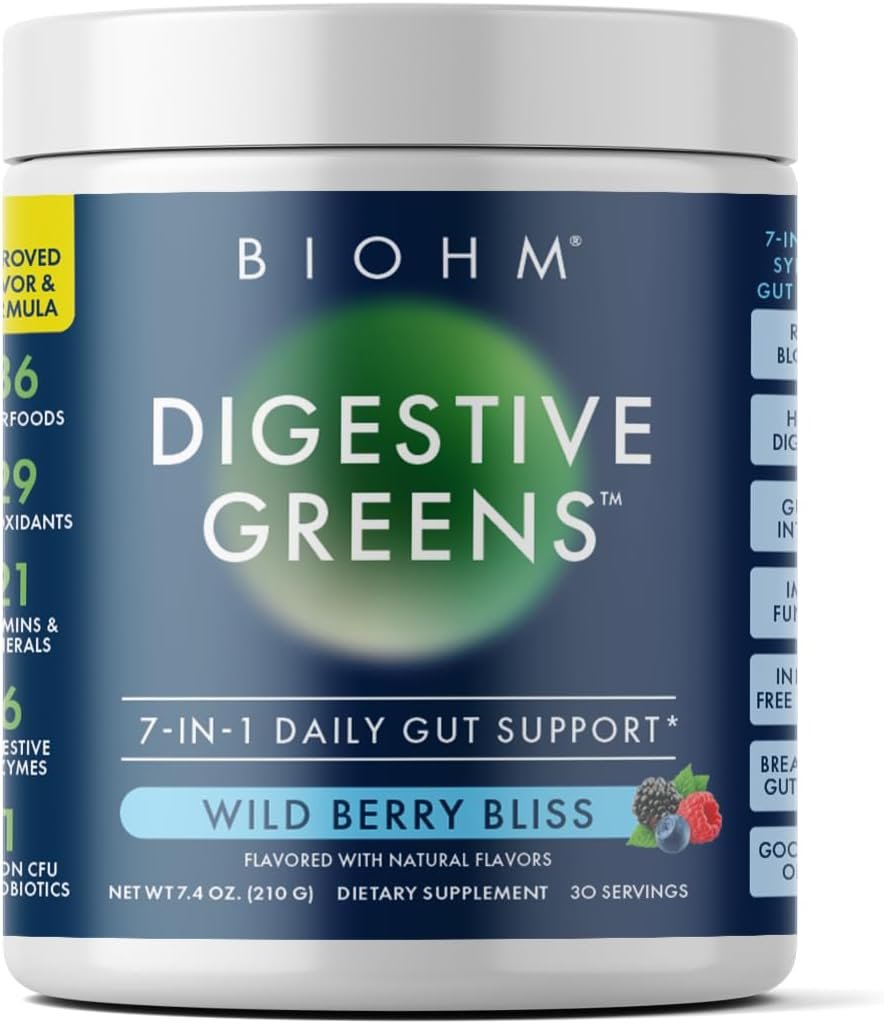 BIOHM Digestive Greens, Green Superfood Powder (7.4 Oz, 30 Servings) Immune & Gut Health Support with Antioxidants, Vitamins, Probiotics & Enzymes, Good Source of Fiber, Berry Flavor