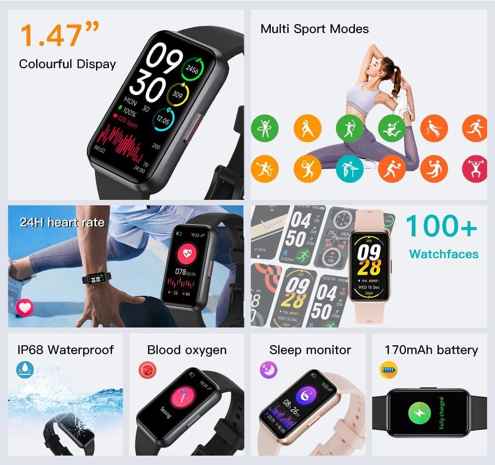 Fitness Trackers,Blood Oxygen Heart Rate Sleep Monitor,1.47‘’ OLED Display,Smart Band 24/7 Health Monitoring,Calorie Pedometer Steps Counter Activity watchs/Notifications(Black)