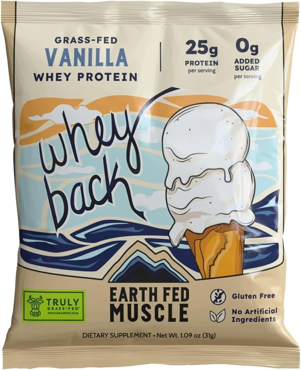Earth Fed Muscle Whey Back Irish Grass Fed Whey Protein Isolate – NSF-Certified. No Artificial Ingredients, Soy Free, Gluten Free, Non-GMO and Hormone Free (1 Serving, Vanilla)
