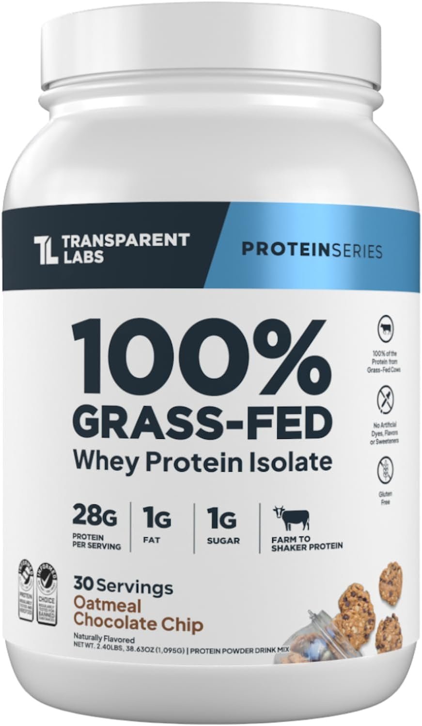 Transparent Labs Grass-Fed Whey Protein Isolate – Naturally Flavored, Gluten Free Grassfed Whey Protein Powder w/ 28g Protein per Serving & 9 Amino Acids – 30 Servings, Oatmeal Chocolate Chip Cookie