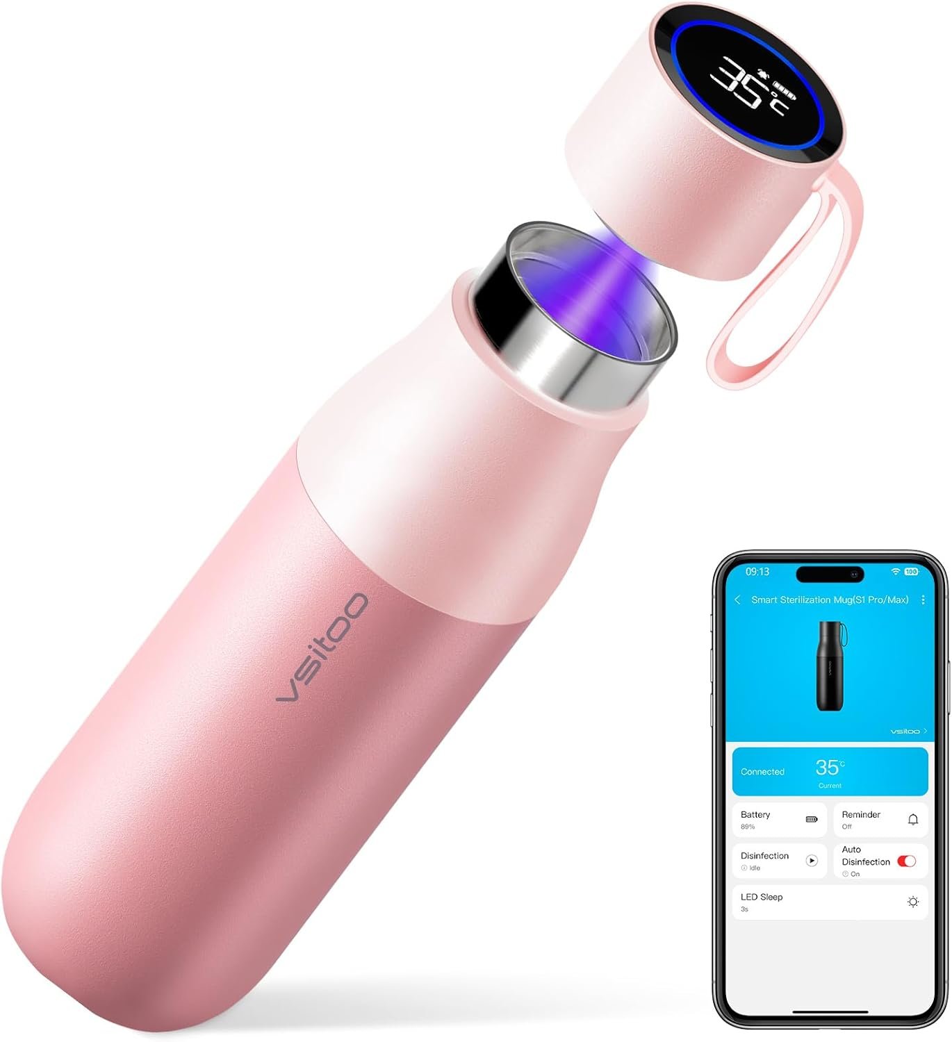 VSITOO 15oz Mini Smart Water Bottle，Self-Cleaning Insulated Bottle, Small Thermoses with AI, App & Touchscreen, Perfect Purse Water Bottle for Travel, Gym & Office, Pink