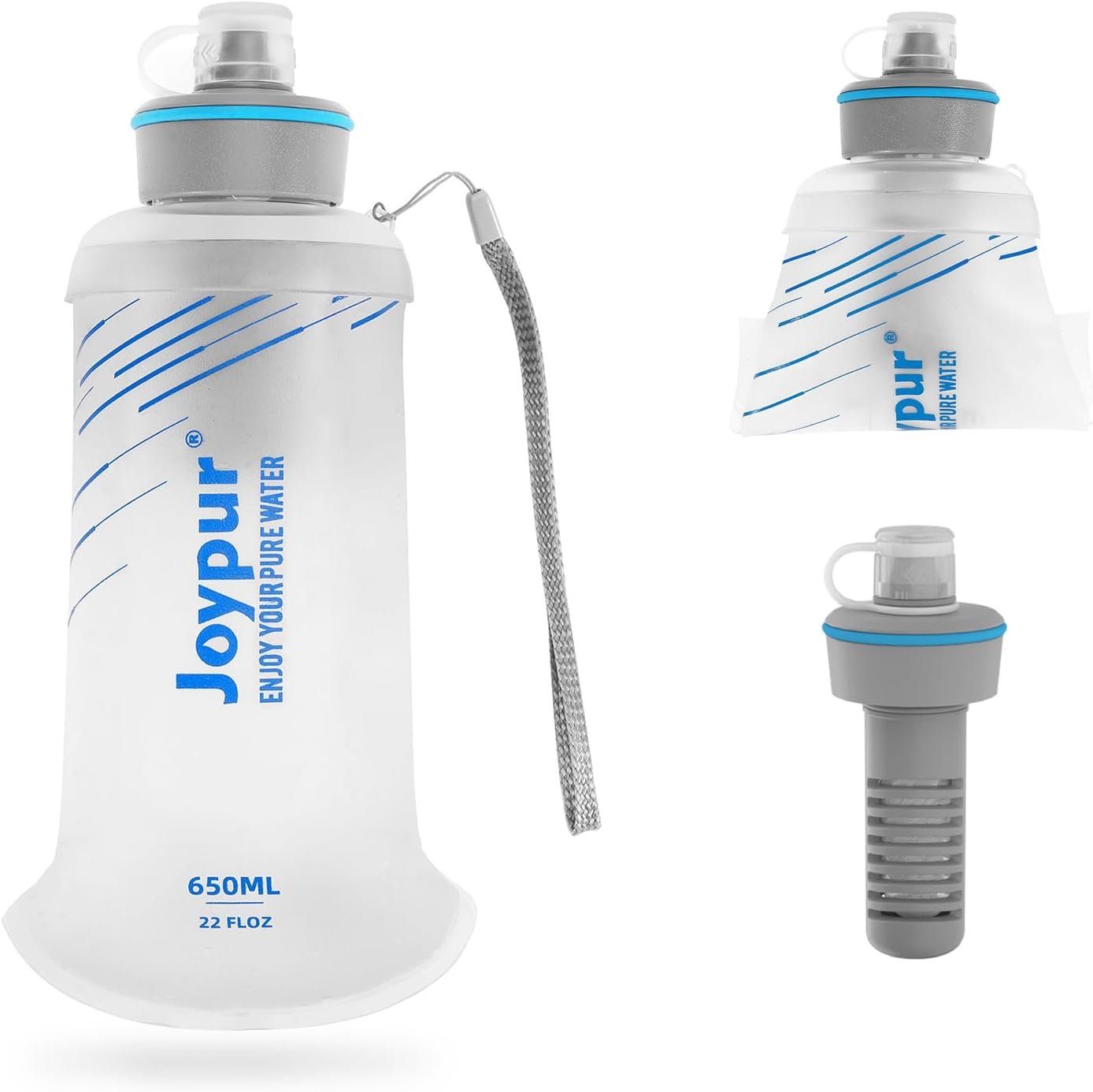 Water Filter Survival – Collapsible Water Bottle with Filter 0.01 Micron Squeeze Filtered Water Bottle 22oz for Hiking Backpacking Camping BPA-Free(White 650ml)
