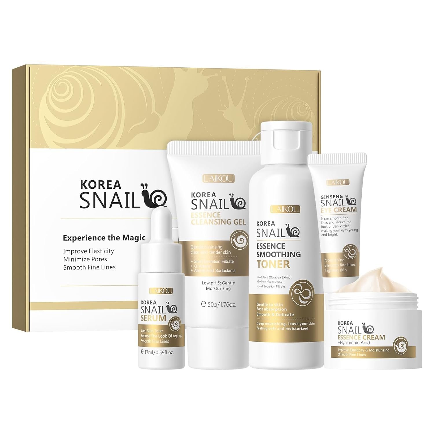 LAIKOU Korean Skin Care, Skin care set, Skin Care Kit Snail and Ginseng with Cleansing Gel, Toner, Eye Cream, Serum, Essence Cream 5pcs for Women Teen Girls Mom Daughter Mother’s Day Birthday