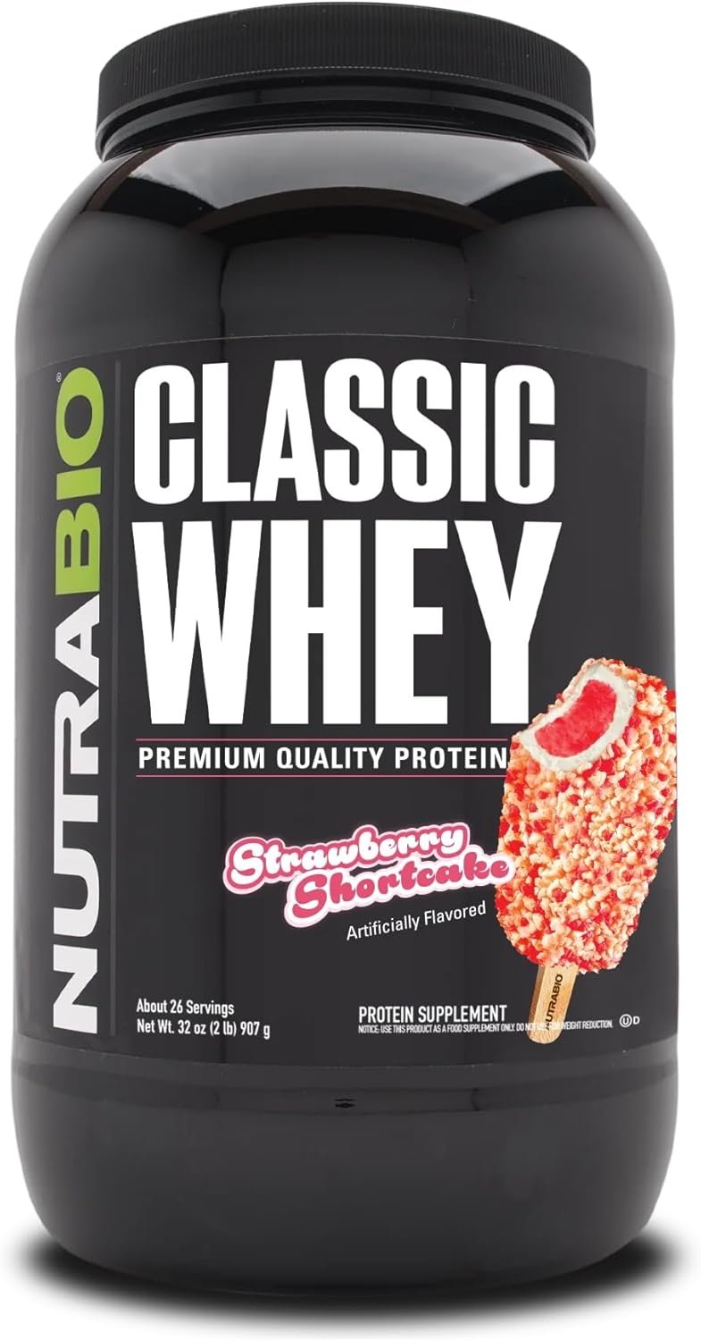 NutraBio Classic Whey Protein Powder Supplement – 25g of Protein Per Scoop – Full-Spectrum Amino Acid Profile with No Fillers, Artificial Colors, or Preservatives – Strawberry Shortcake, 2 Pounds