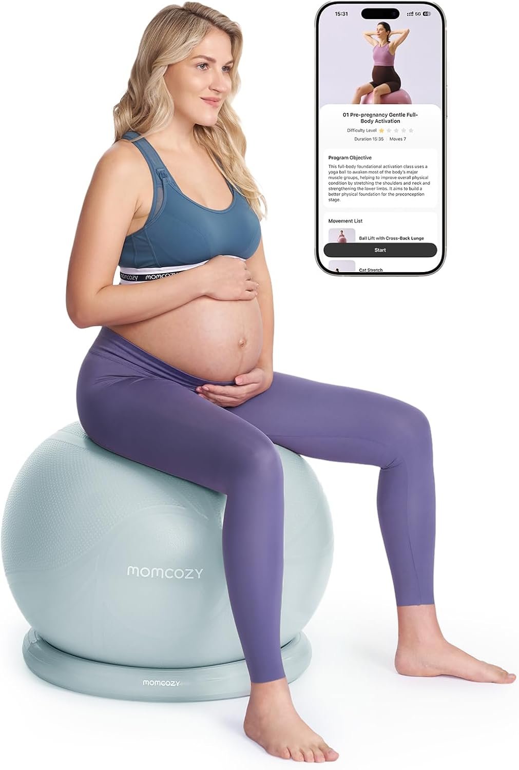 Momcozy BirthEase Maternity Ball Set, Birthing Ball with App Full-Journey Courses, BPA-Free PVC & Anti Burst Exercise Yoga Ball for Maternity, Labor, Physio, Recovery
