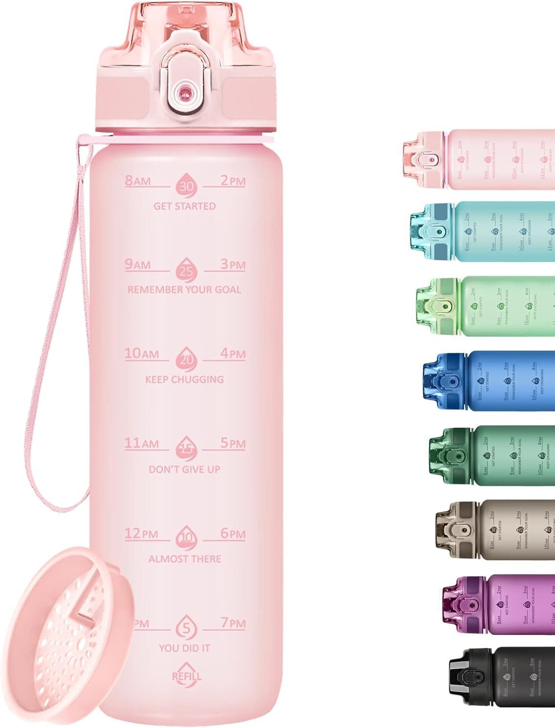 32oz Water Bottle with Time Marker, Motivational Drinking Bottle with Strap, BPA-Free Leak-Proof, Encouraging Water Bottle Time to Drink Water for Gym School Office Travel
