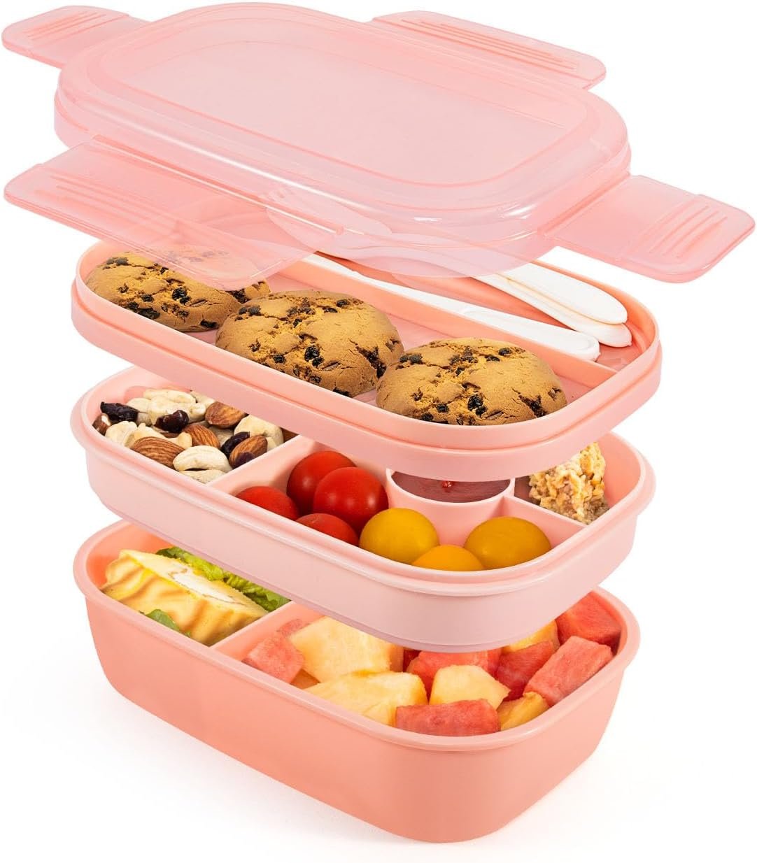 Stackable Bento Box Adult Lunch Box – 55 oz Large Capacity for 3 Layers All-in-One Lunch Containers with Multiple Compartments, Built-in Utensil Set & BPA Free(Pink)