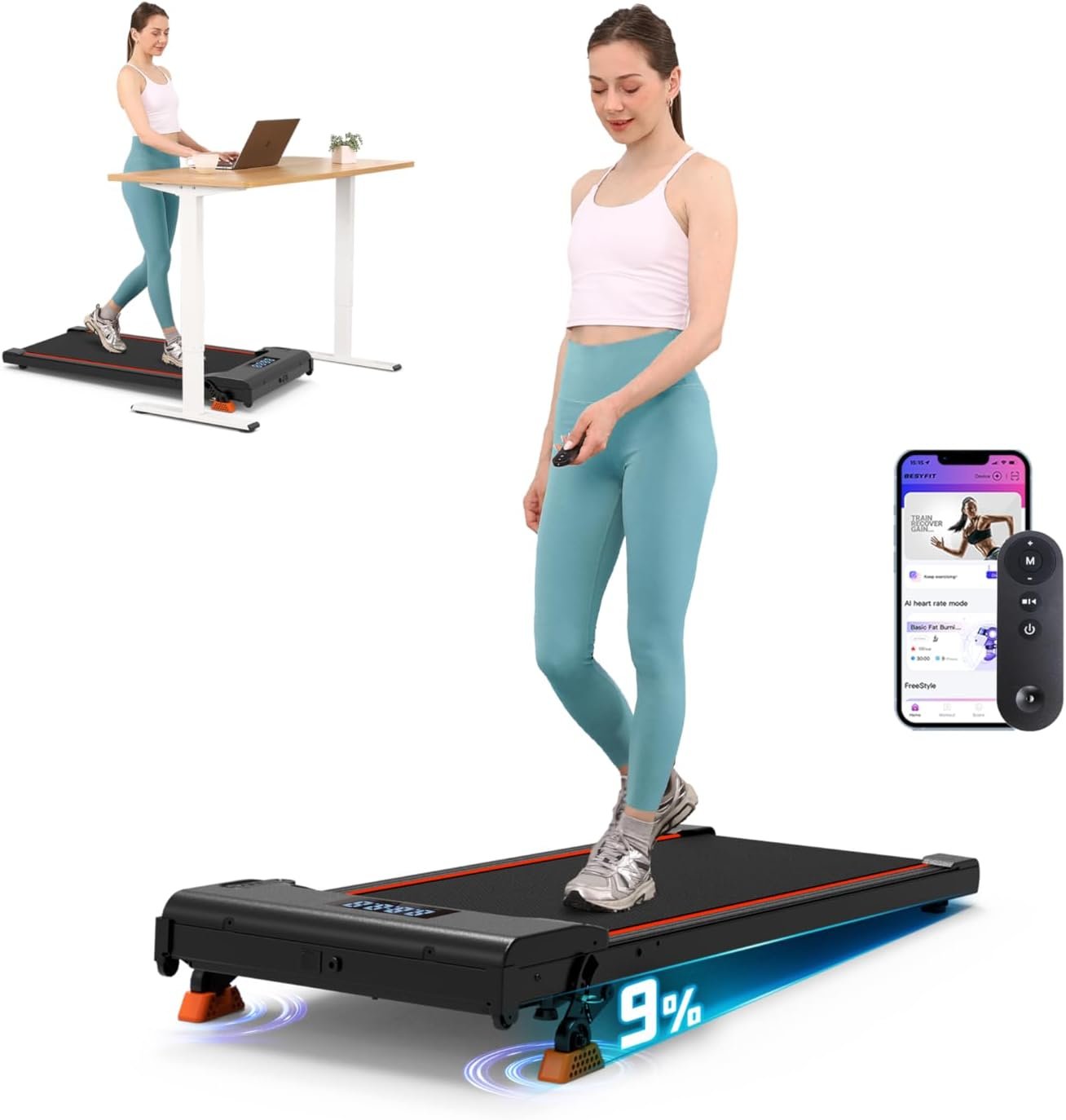 NeoSilent Walking Pad with Incline Under Desk Treadmill 4 Level 9% and BLDC Core, Extra-Large Belt, App and Remote Control, Compact Mini Treadmills for Home Office Small Space