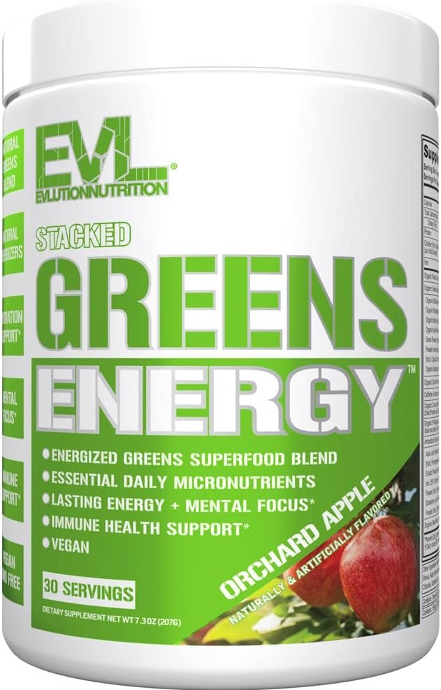 Evlution Greens and Superfoods Energy Drink Powder – EVL Super Greens Powder Smoothie Mix with Caffeine Spirulina Chlorella and Wheat Grass – Vegan – for Energy Focus and Immunity