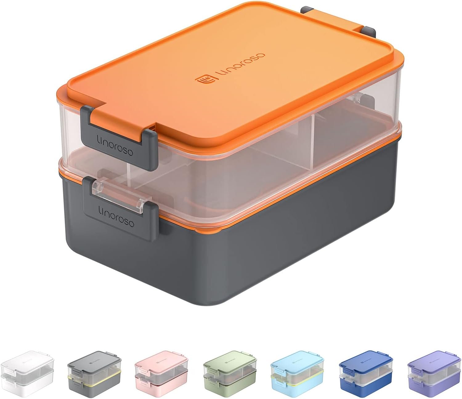 Linoroso Stackable Bento Lunch Box | Meet All Your On-the-Go Food, Salad and Snack Needs, Premium Adult Lunch Box Includes Utensil Set, Dressing Containers – Lava Orange