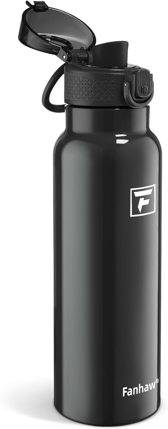 Fanhaw Daylite Series 24 oz Stainless Steel Insulated Water Bottle with Silicone Spout Lid, Double-Wall Vacuum Leakproof Metal Bottle, Back to School Gift for Kids, Women & Men (Glossy Black)