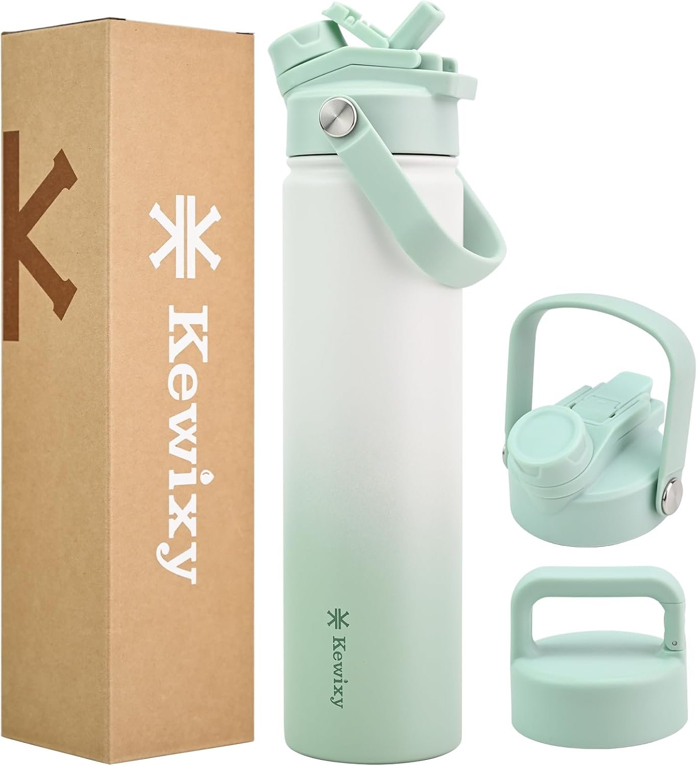 24 oz Insulated Water Bottle, 2-in-1 Lid, Straw & Spout with Protected, Leak Proof, Keep Cold 24H, Cup Holder Fit, Stainless Steel, Metal, Reusable, for Travel, Gym and School, 2 Lids, Iced Mint