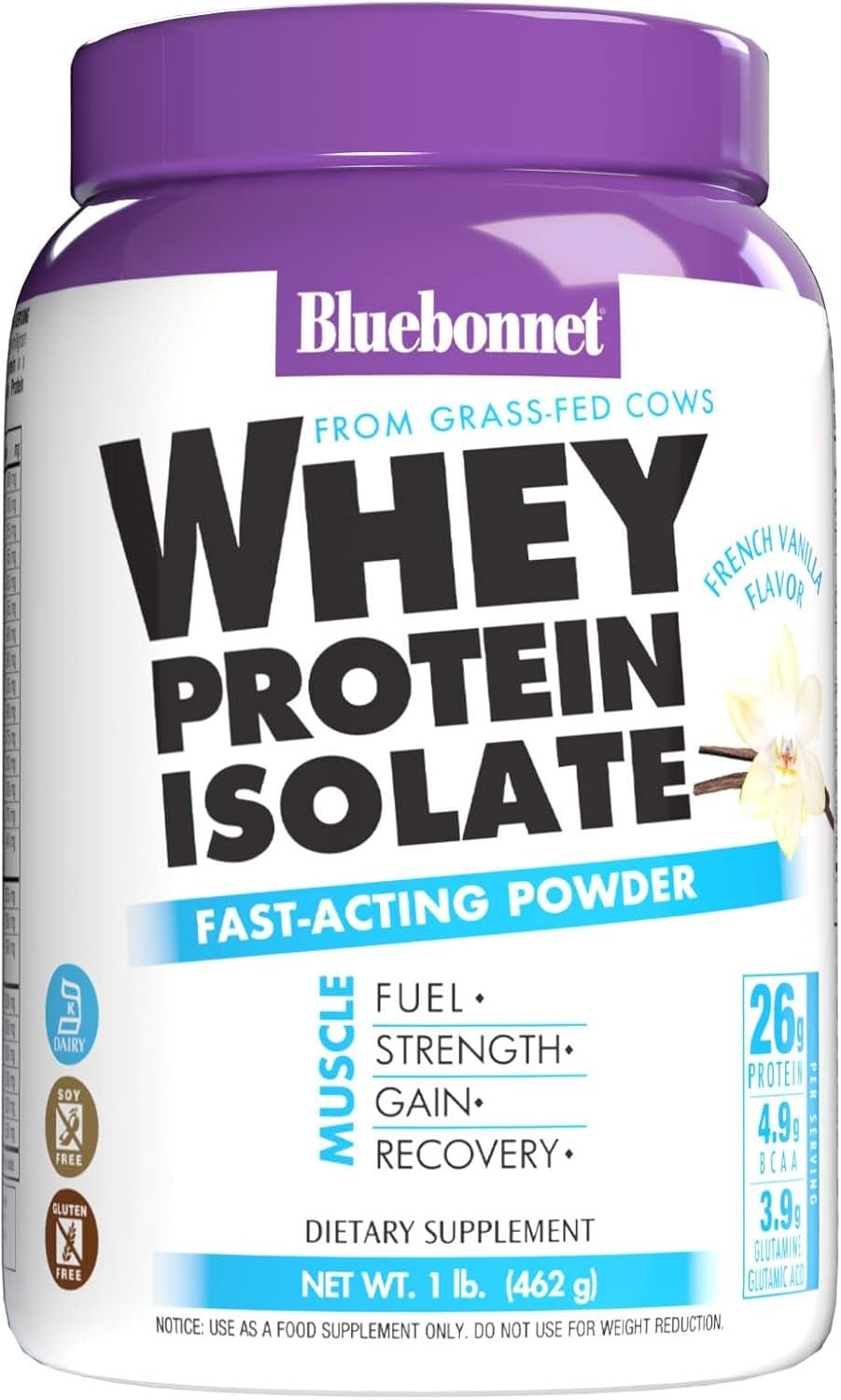 Bluebonnet Grass Fed Whey Protein Isolate 26 g Energy & Workout Recovery BCAA Amino Acids – Gluten-Free, Non-GMO, Soy-Free Vanilla Protein Powder for Women & Men – 14 Servings