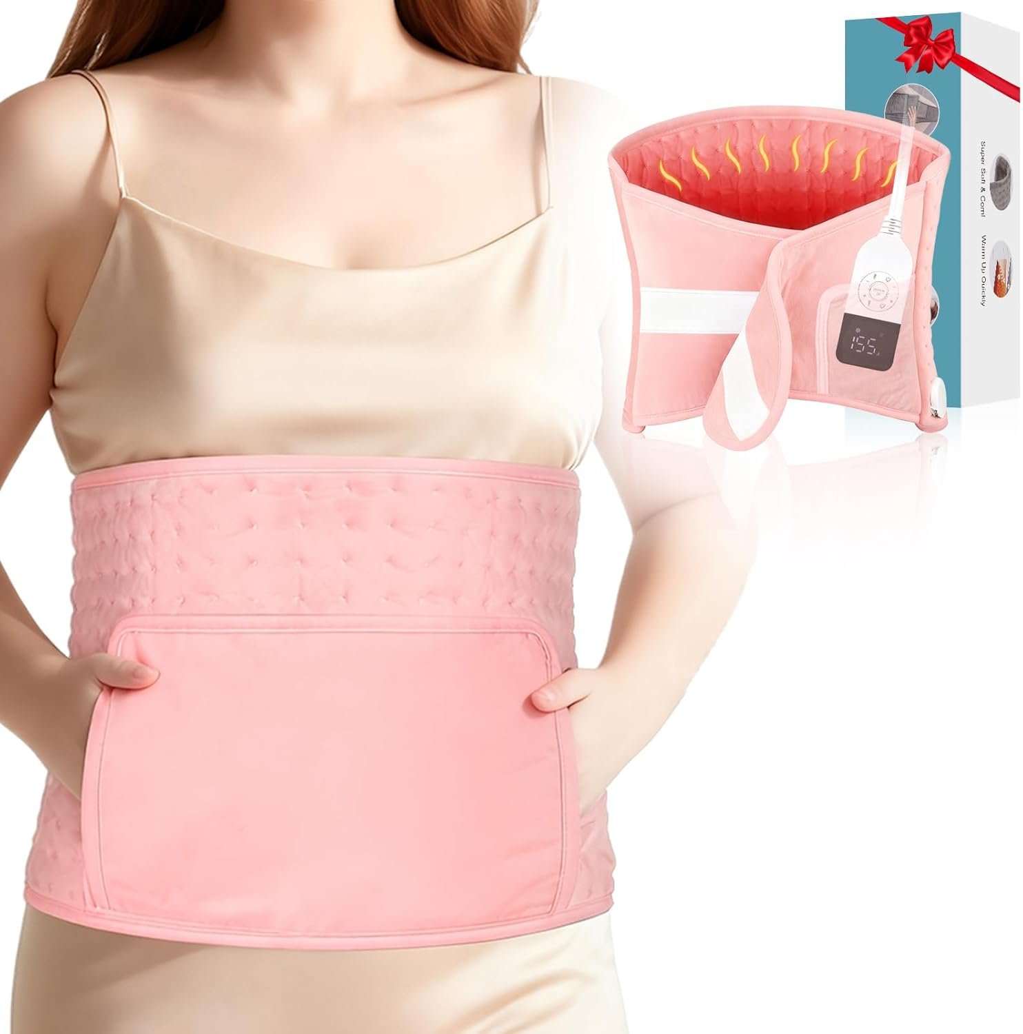 51″ Heating Pad for Period Cramps Built with Hand Warmer Pocket, Controller Pocket & 9.84ft/3M Extra-Long Cord, Adj. Temp Timer Auto Shut Off Wrap Around Heated Pad for Women Back Abdomen Pain Relief
