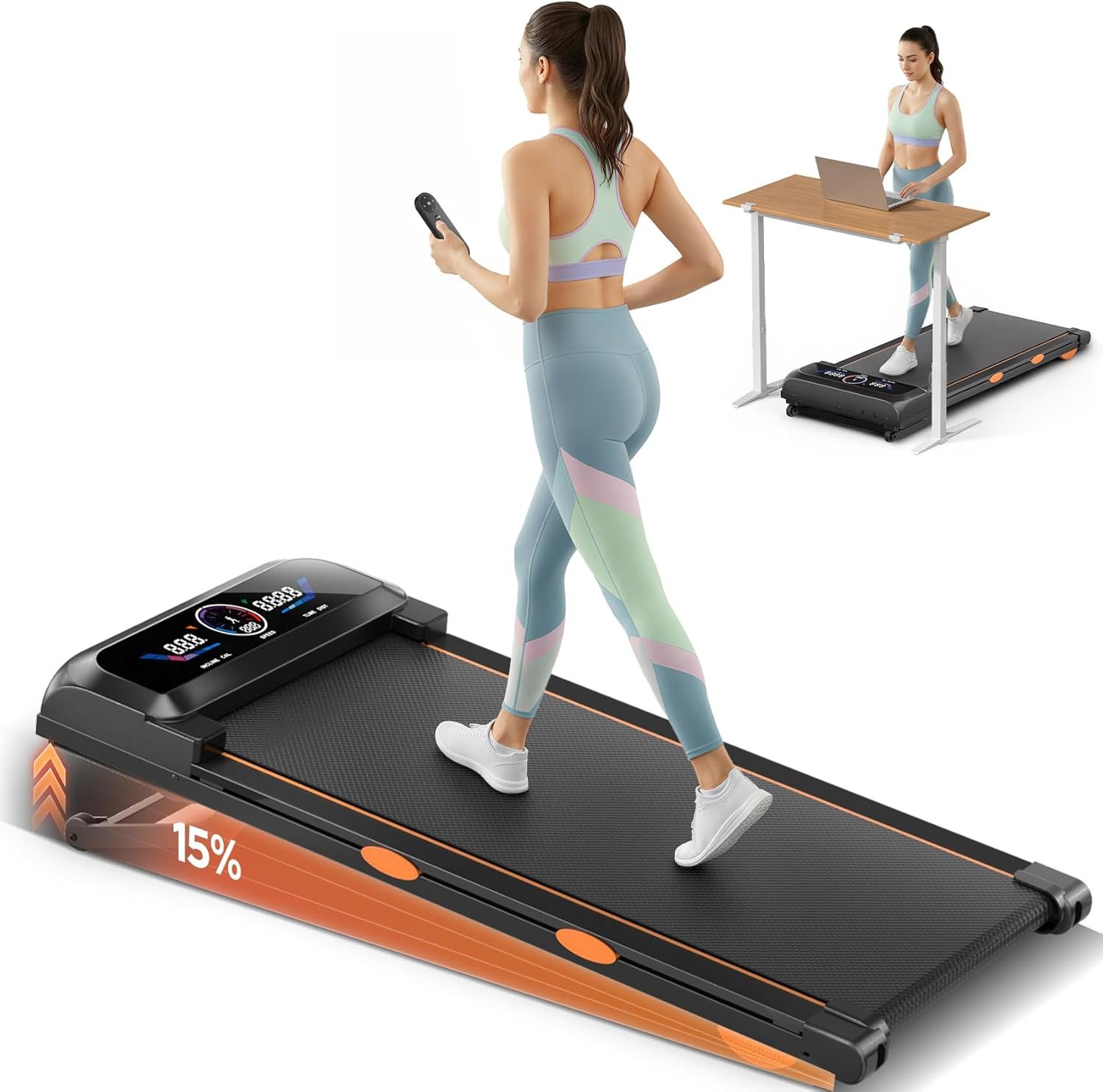 Walking Pad Treadmill with Auto Incline 15% 12-Level & Speaker, 3 in 1 Under Desk Treadmill, Walking Pad 450lbs Capacity RGB UI Screen, 3.5HP Quiet Portable Desk Treadmills for Home, APP & Remote