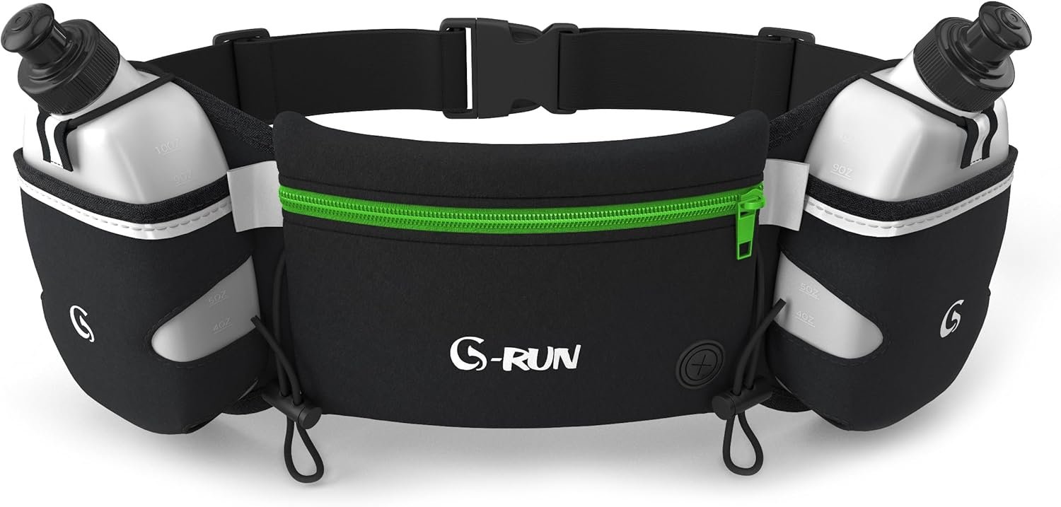 Hydration Running Belt with 2x10oz Bottles – Water Belts for Woman and Men – iPhone Belt for Any Phone Size – Fuel Marathon Waist Pouch for Runners – Jogging Cycling Biking
