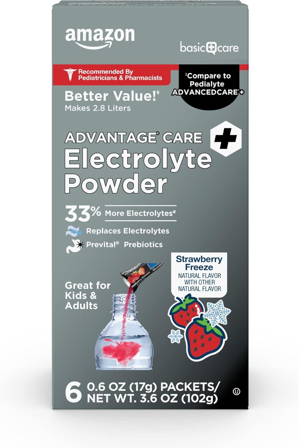 Amazon Basic Care Advantage Care Electrolyte Powder Packets for Rehydration, Strawberry Freeze, 3.60 Ounce (Pack of 1)