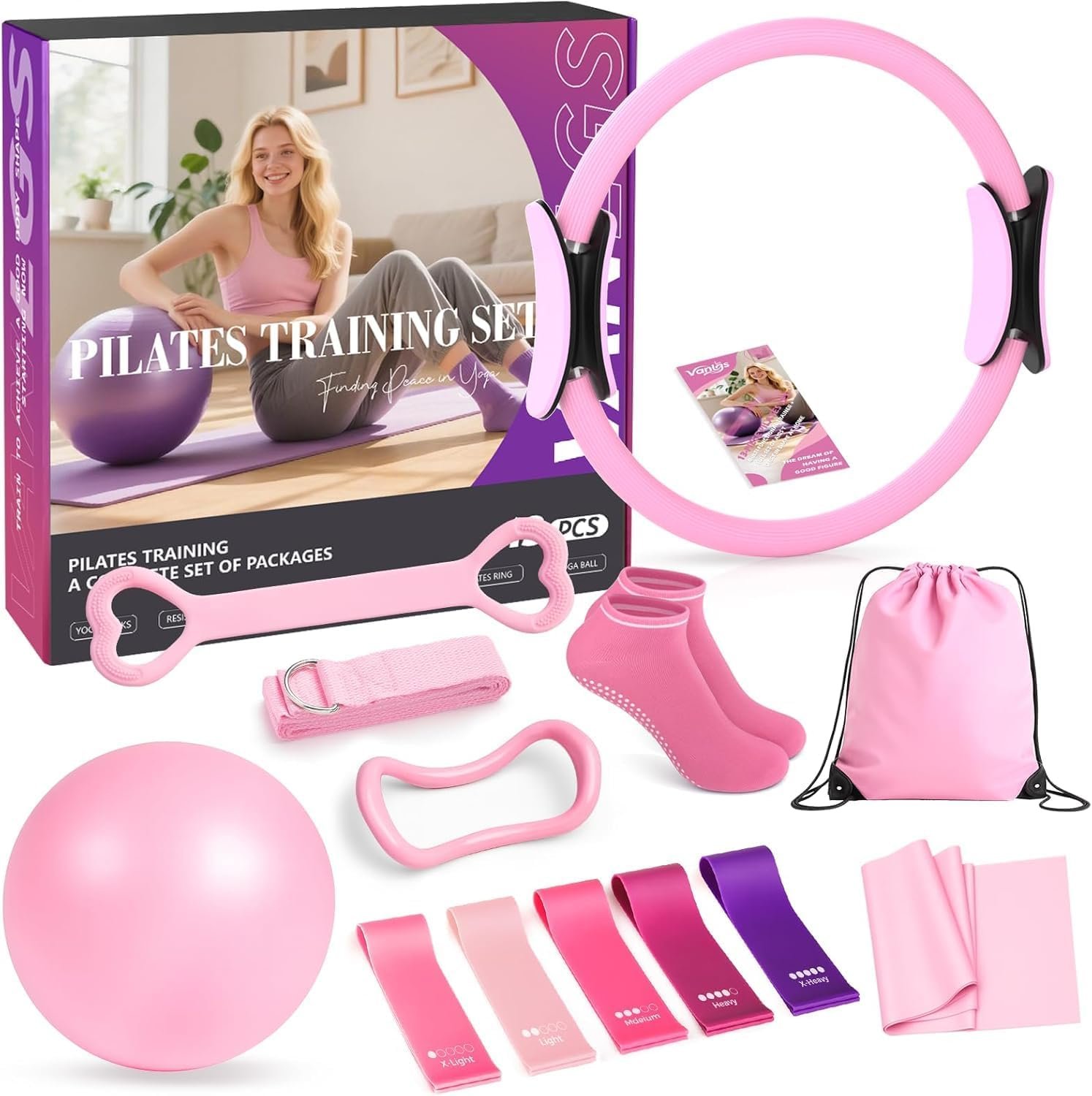 Pilates Kit 13Pcs Home Pilates Essentials Workout Kit with 13″ Ring, 10″ Ball and Resistance Bands for Women at Home Pilates Equipment Set for Beginners