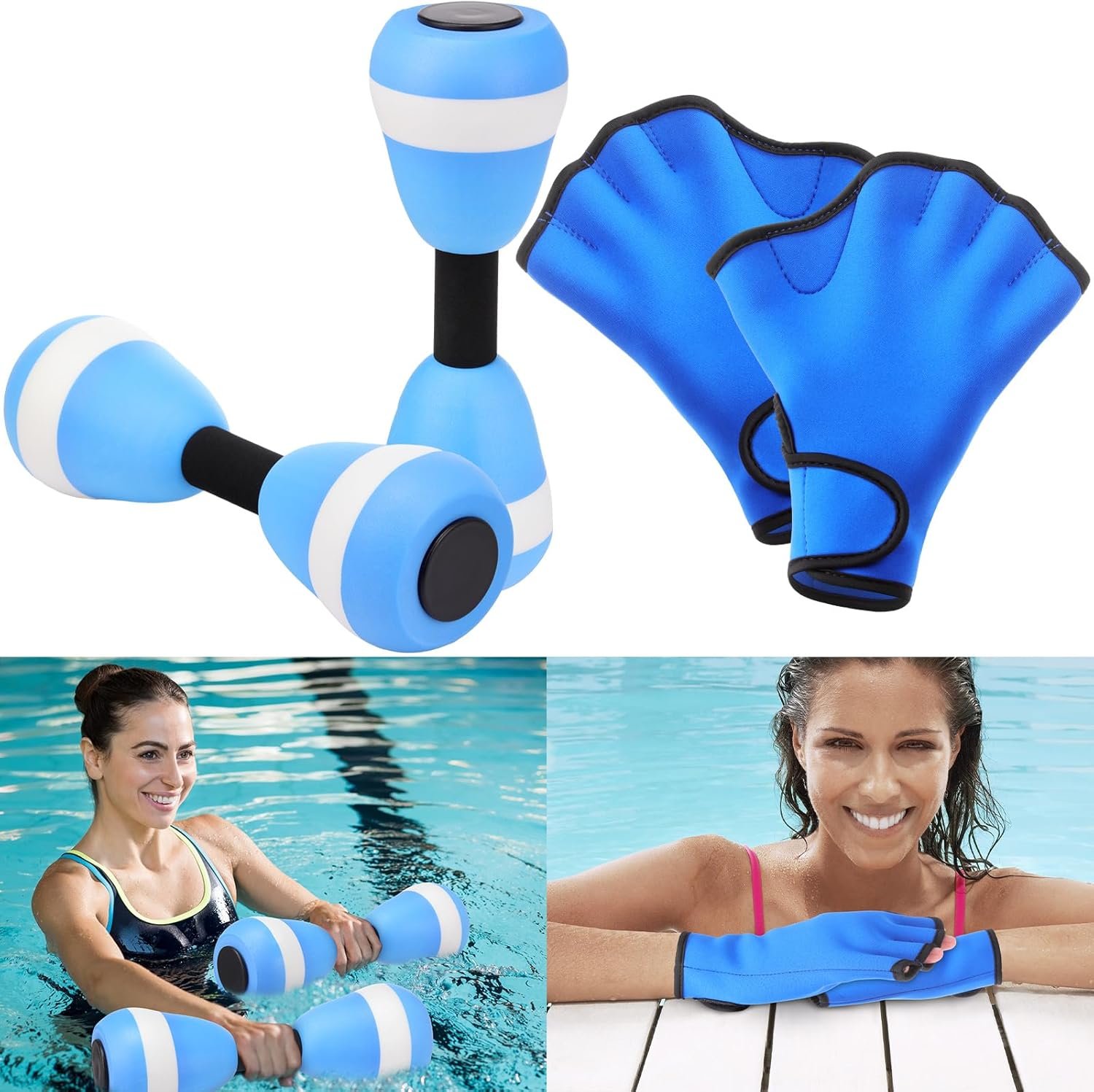 Seenelling Water Aerobics Set for Aquatic Exercise 1 Pair Neoprene Swimming Glove 2 Pcs Foam Aquatic Dumbbells Water Weights Equipment Pool Resistance Fitness Equipment for Training Workouts