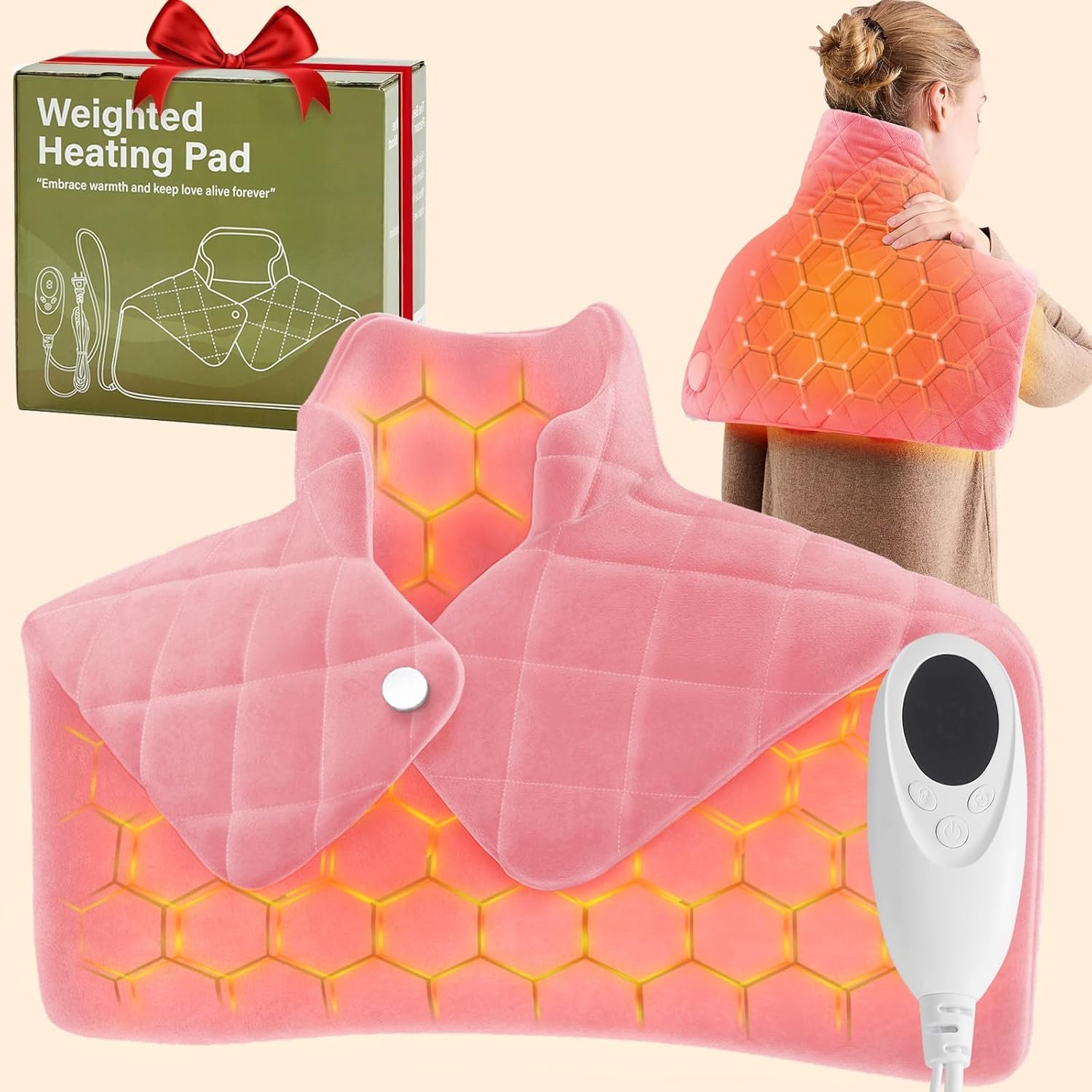 Pink Weighted Heating Pad for Neck Shoulders and Back, Mothers Day Gifts for Mom Wife Grandma, Birthday Gifts for Teen Girls Women, Electric Heated Blanket with 9 Heat Options 4 Auto-Off Timer