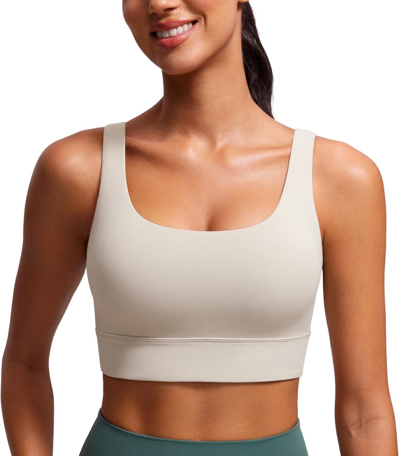 CRZ YOGA Butterluxe U Back Longline Sports Bras for Women – Scoop Neck Padded Yoga Workout Crop Top with Built in Pads
