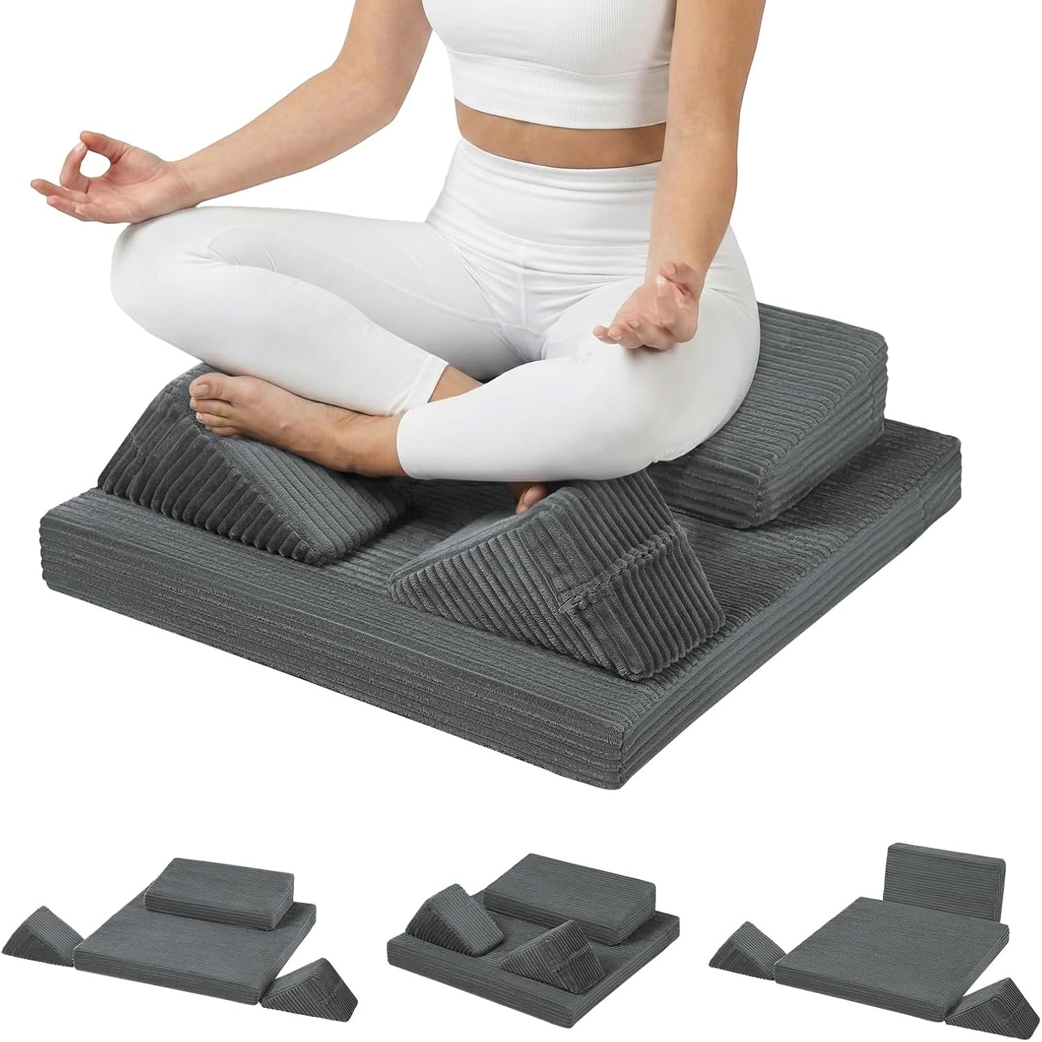 Meditation Cushion Set, Meditation Pillow for Sitting on Floor, Large Yoga Pillow with Knee Support, Washable Zafu Meditation Mat, 3 Shapes Floor Pillow for Adults, Dark Grey