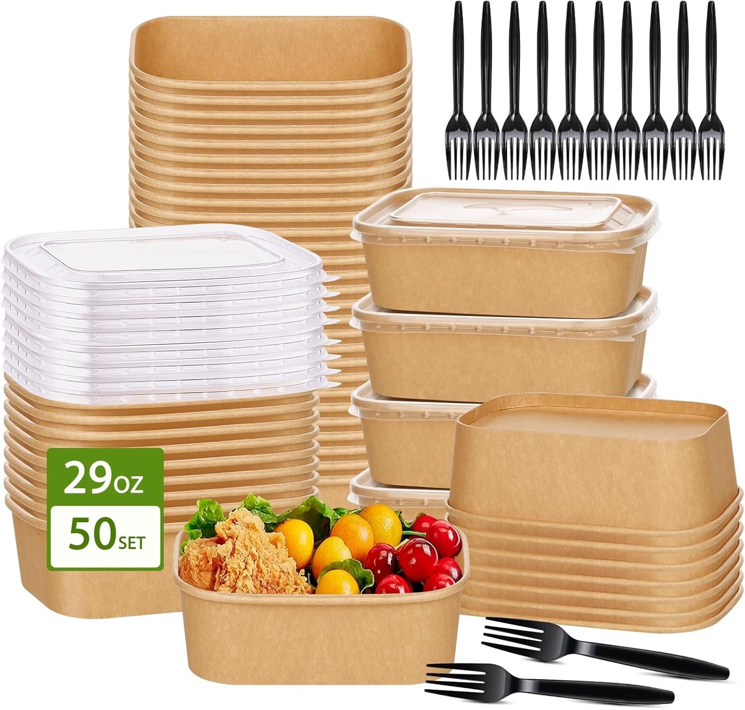 50-Pack 29oz Disposable Kraft Paper Bowls【with Lids and Forks】,Meal Prep Containers Disposable Togo Food Deli Containers for Restaurant Supplies Take Out Containers, Microwave Safe for Hot/Cold Food