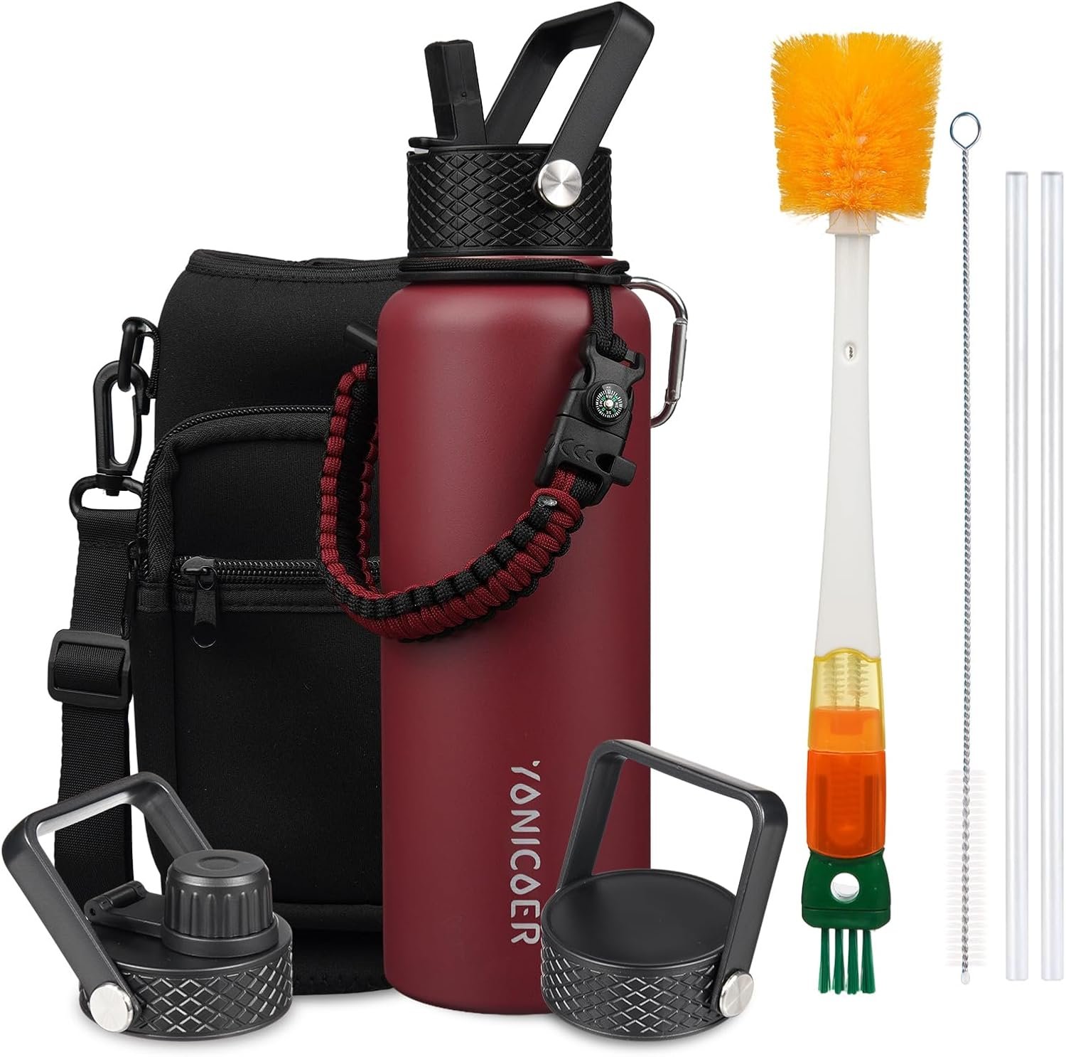 Insulated Water Bottle 40oz,Triple Wall Vacuum Stainless Steel(Dishwasher Safe),Leak Proof & Non-BPA,Flask Jug with Paracord Handle & Straw Spout Lids Sports Red