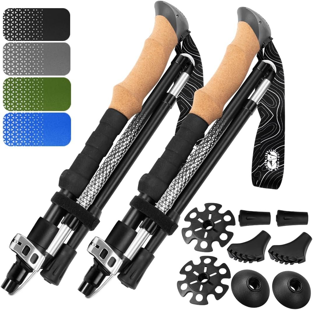 Premium Foldable Hiking Poles by USA Brand – Adjustable, Lightweight Trekking Poles Made of Aircraft Aluminum, Metal Locks Cork EVA Grips