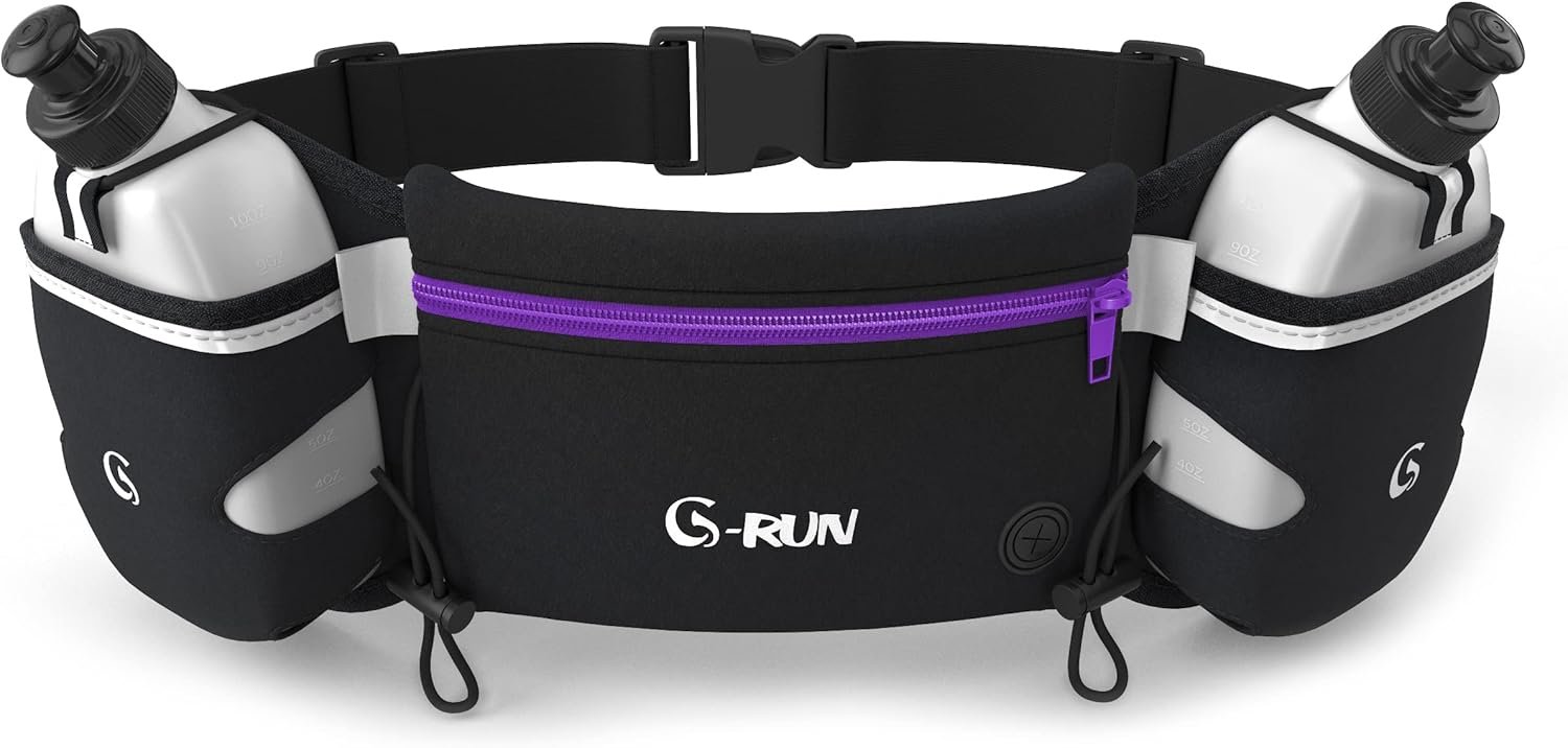 Q-RUN Hydration Running Belt with Bottles – Water Belts for Woman and Men – iPhone Belt for Any Phone Size – Fuel Marathon Waist Pouch for Runners – Jogging Cycling Biking, Purple
