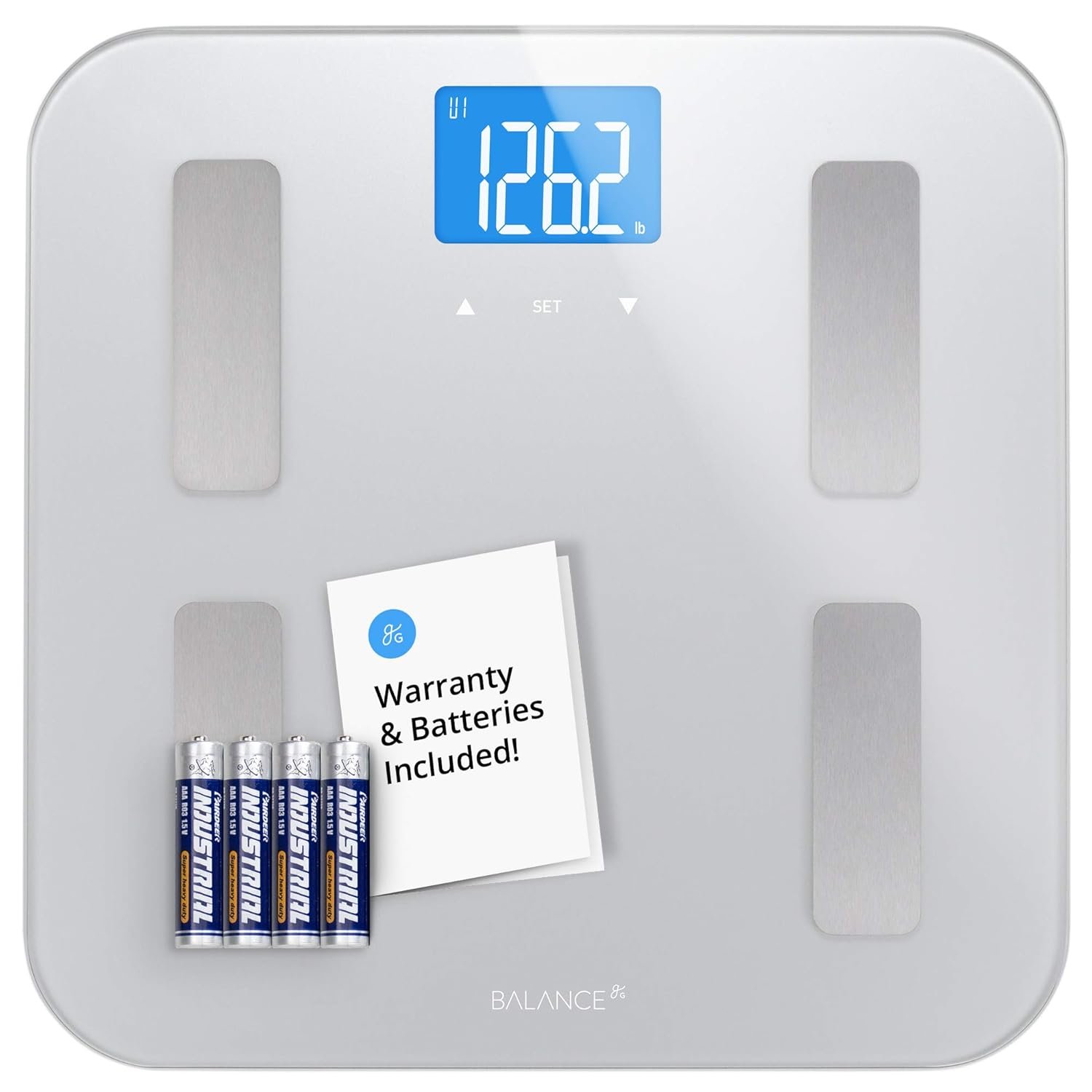 Greater Goods Body Fat Scale, Accurate Digital Weight and Health Metrics, Body Composition, and Weight Measurements, Glass Top, with Large Backlit Display (Silver)