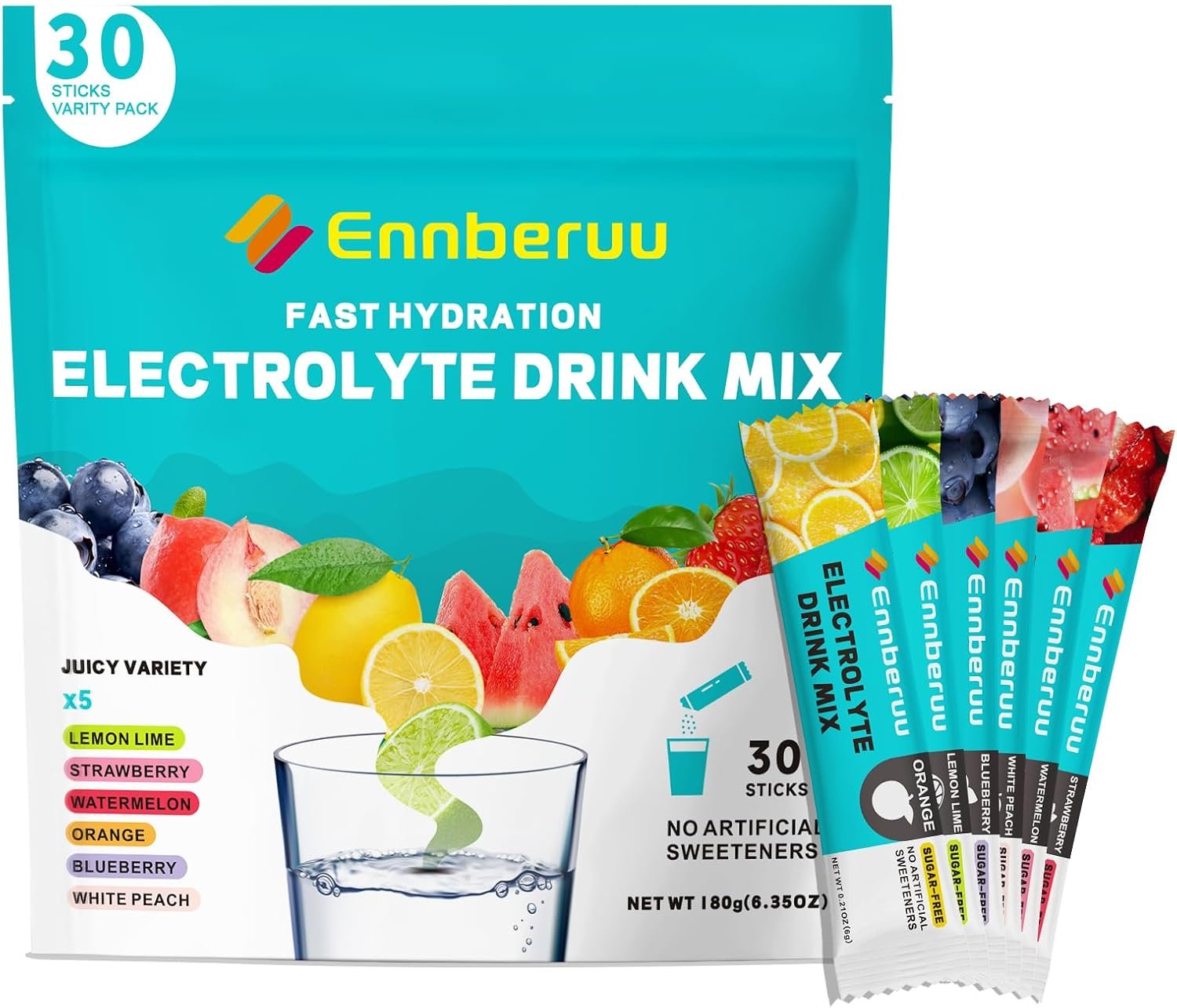 Electrolytes Powder Packets, 30 Sticks Fast Hydration, Sugar Free Electrolyte Drink Mix, Travel Electrolyte Packets for Rapid Hydration, 6 Flavors