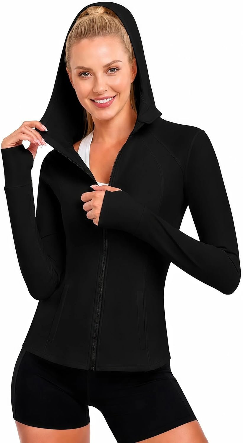 Hooded Women’s Athletic Full Zip Lightweight Workout Jacket with Pockets and Thumb Holes