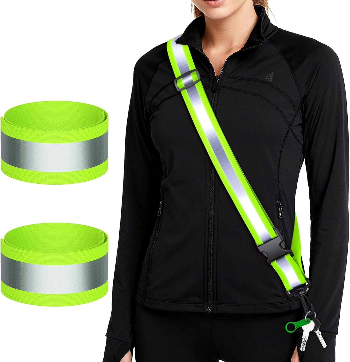 Reflective Walking Gear at Night, High Visibility Safety Reflective Sash Belt and 2-Pack Armband Set, Night Running Safety Gear for Women Men Kids
