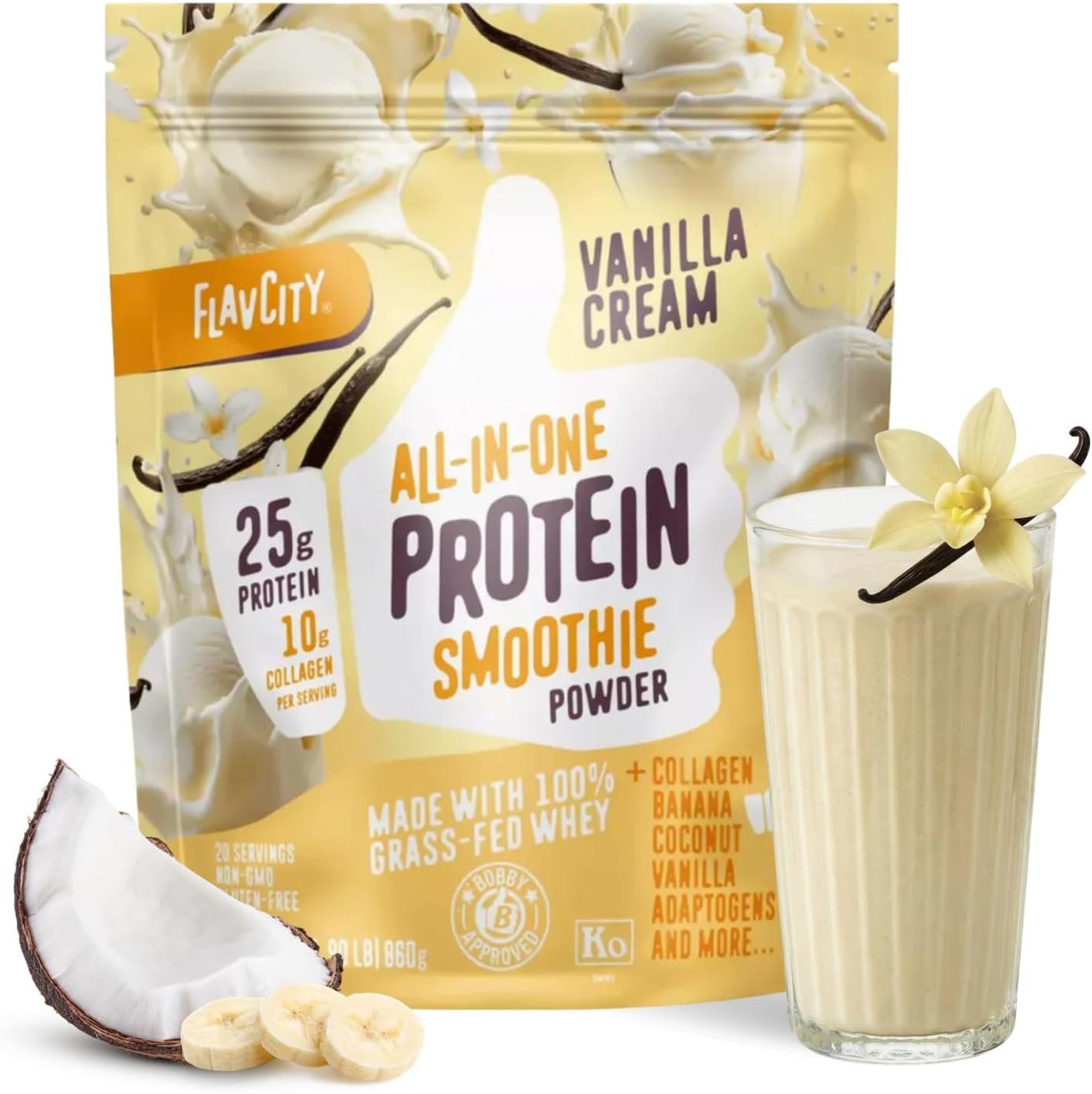 FlavCity Vanilla All in One Protein Shake Powder – On the Go Meal Alternative + Collagen Peptides, Reishi & Cordyceps – Focus, Skin, Hair & Joint Support – 100% Grass Fed Whey, 20 Servings