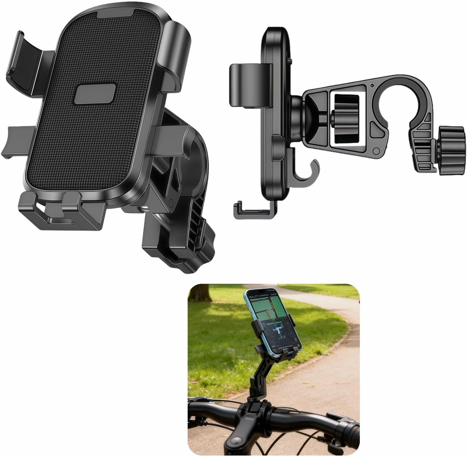 Universal Motorcycle Bike Phone Mount with 360° Rotation, Anti-Shake Silicone Grip, Universal Handlebar Mount 20-32mm, Phone Holder with Storage Hook