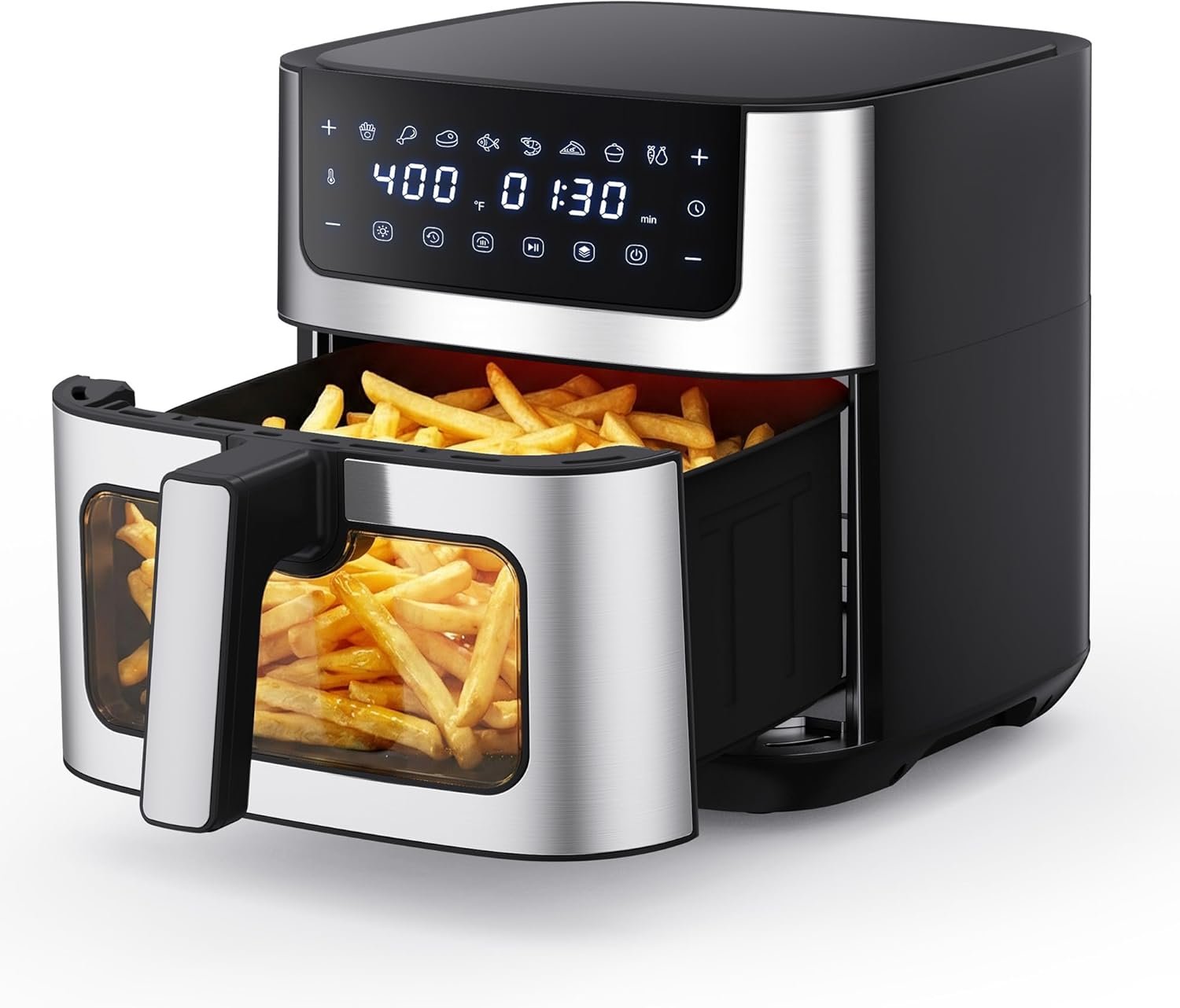 NEWBULIG Air Fryer 6.34QT, Airfryer with Visible Window, 400℉ Fast Heating Air Fryers Oven with Nonstick and Dishwasher-Safe Basket, 8-in-1 Cooking Preset, Timer，Auto-Off, Stainless Steel, Black
