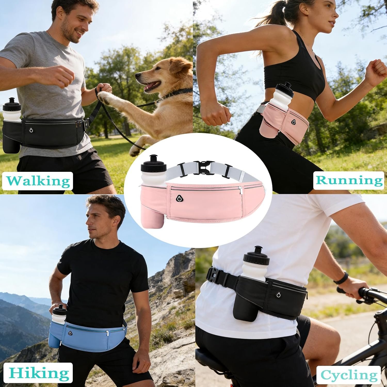 Fanny Pack with Water Bottle Holder, 3 Pocket Hydration Running Belt for Phone Pouch Hiking Walking Runners GYM Sports Travel Hip Bum Bags, Crossbody Slim Waist Bag for Women Girls Kids Pink