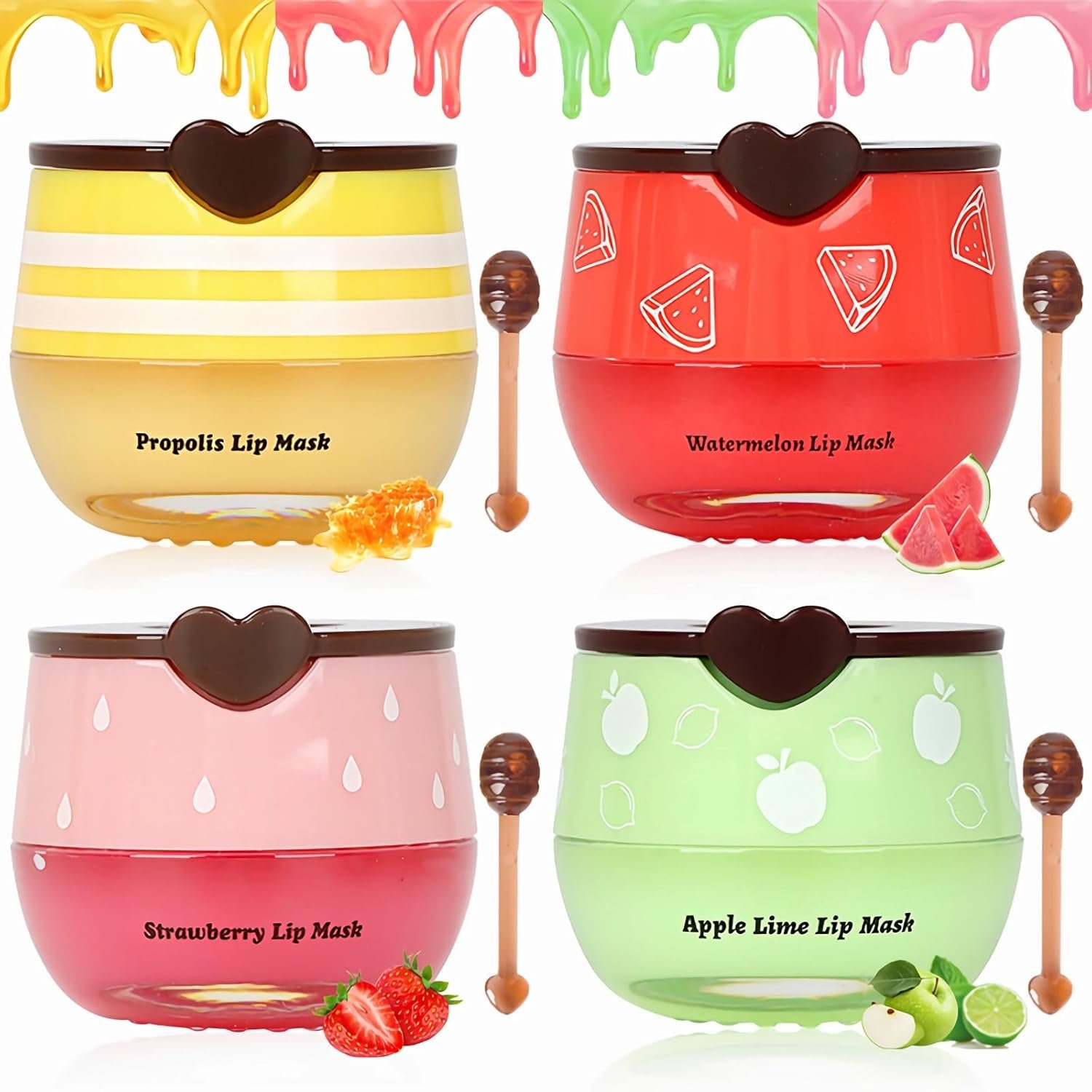 4 PCS Bee Lip Balm Lip Mask Honey Pot, Prevention Lip Dry Set, Strawberry & Watermelon & Apple Lime & Honey Lip Sleeping Mask Moisturizing Lip Balm, Mothers Day Gifts, Teacher Appreciation Gifts