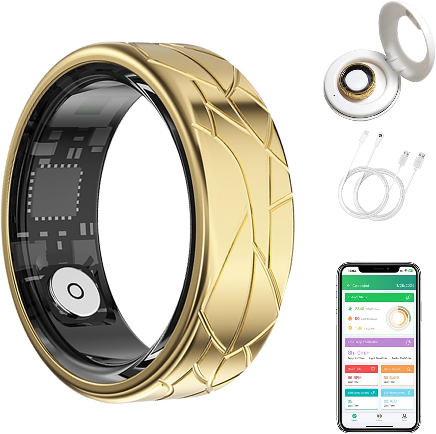 GenXenon Smart Ring for Women Men, Heart Rate/Blood Oxygen/Sleep Tracker/Step Counter, Fitness Ring with Magnetic Charging Case, 5ATM Waterproof for iOS & Android, No Subscription Fee (Gold 12-1)