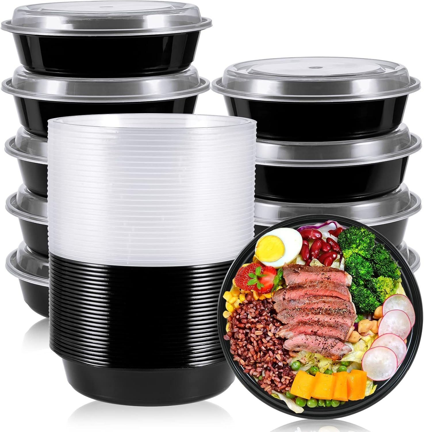 MUCHII 50 Pack Meal Prep Container, 24 oz Round Plastic Disposable Bowls with Lids, Food Microwave and Freezer Safe