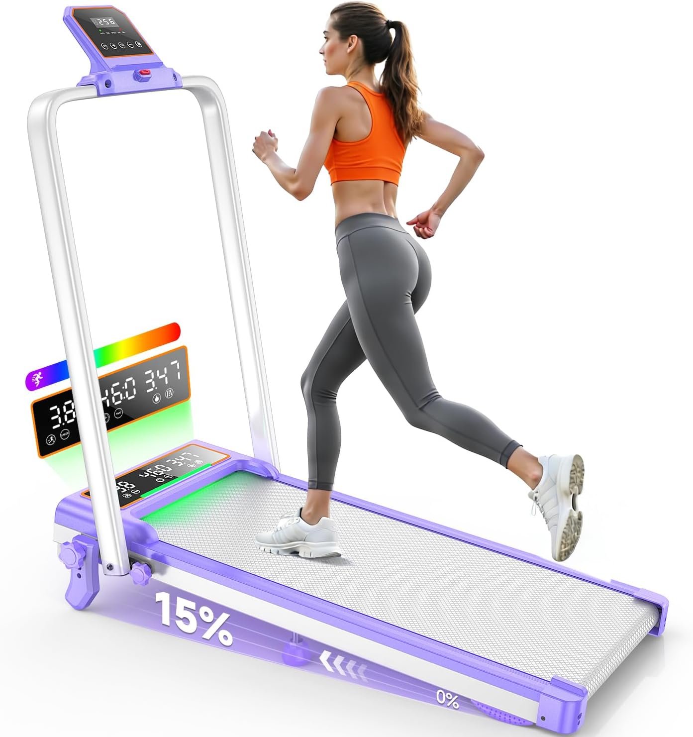 Folding Walking Pad with 15% Incline/RGB Light/Dual Screen Display, 3.5HP Treadmills for Home, Portable Walking Pad Treadmill with Handle Bar and 4 Adjustable Incline, 350lbs Capacity, Smart App