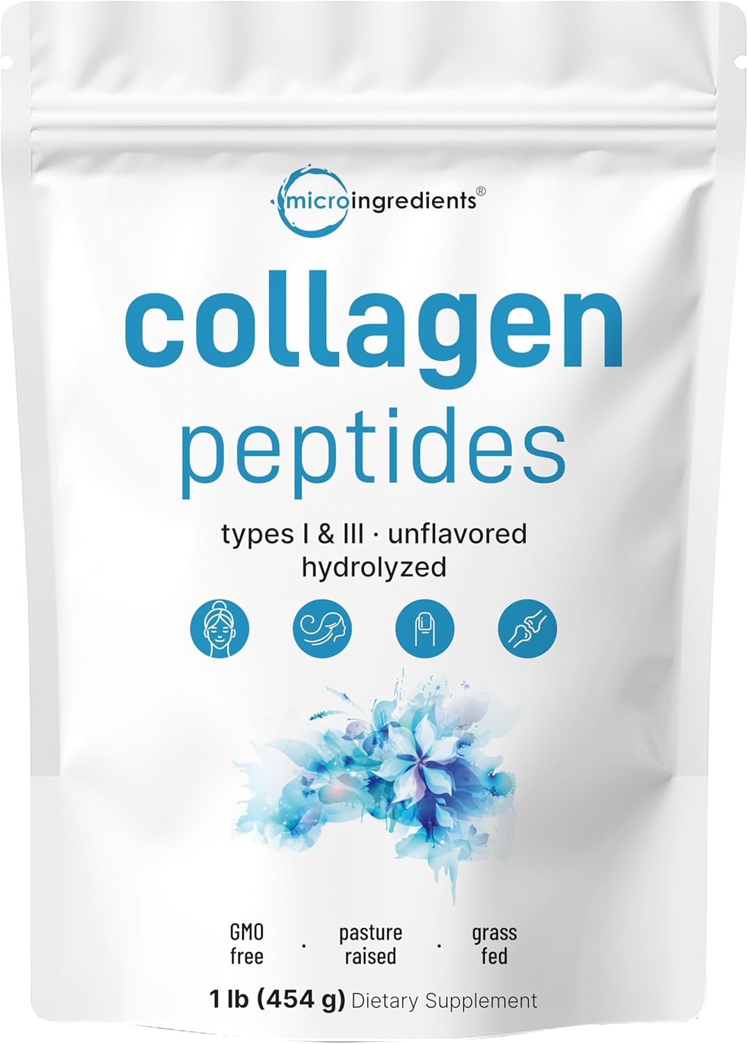 Micro Ingredients Hydrolyzed Collagen Peptides Powder, 1 lb | Type I & III Collagen for Women & Men | Unflavored Bovine Collagen Protein | Easy Dissolve, Paleo, Non-GMO