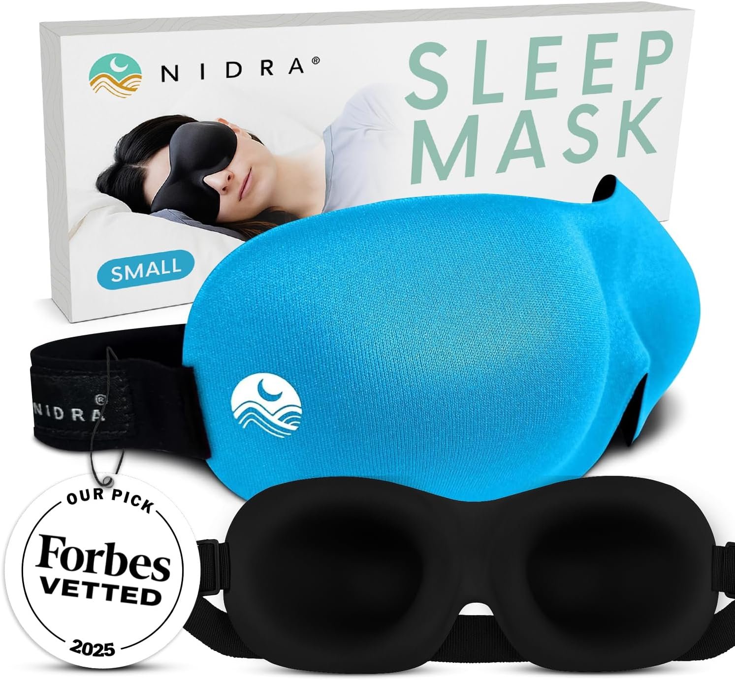 Nidra Contoured Sleep Mask for Side Sleepers – Zero Pressure Fit, Light Blocking Eye Shade for Sleeping & Travel – Blue, Small Size