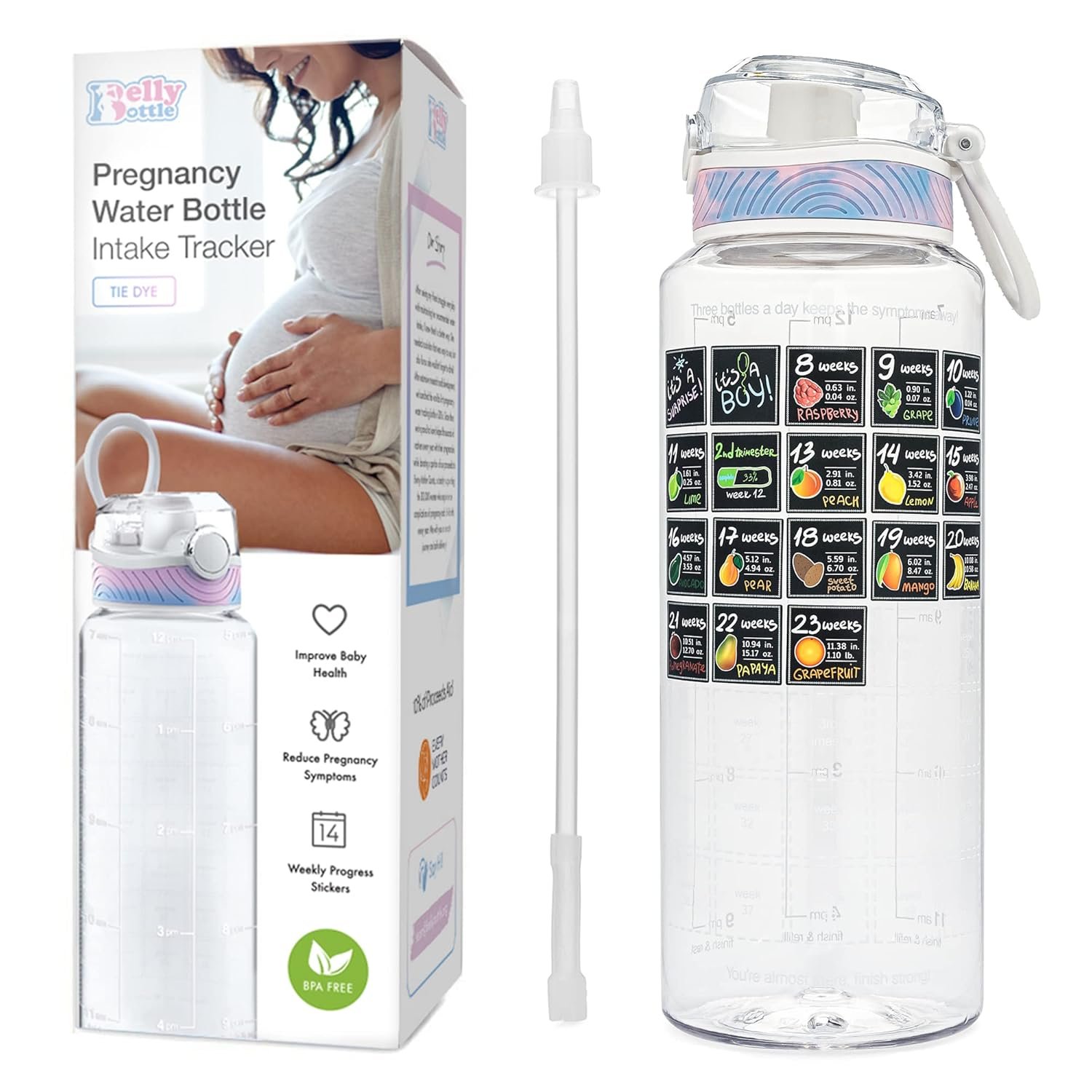 BellyBottle Pregnancy Water Bottle Tracker – Pregnancy Must Haves First Trimester – Pregnant Gifts for Expecting Mom – Essentials Nausea Relief – Weekly Stickers + Straw + BPA Free – Tidye