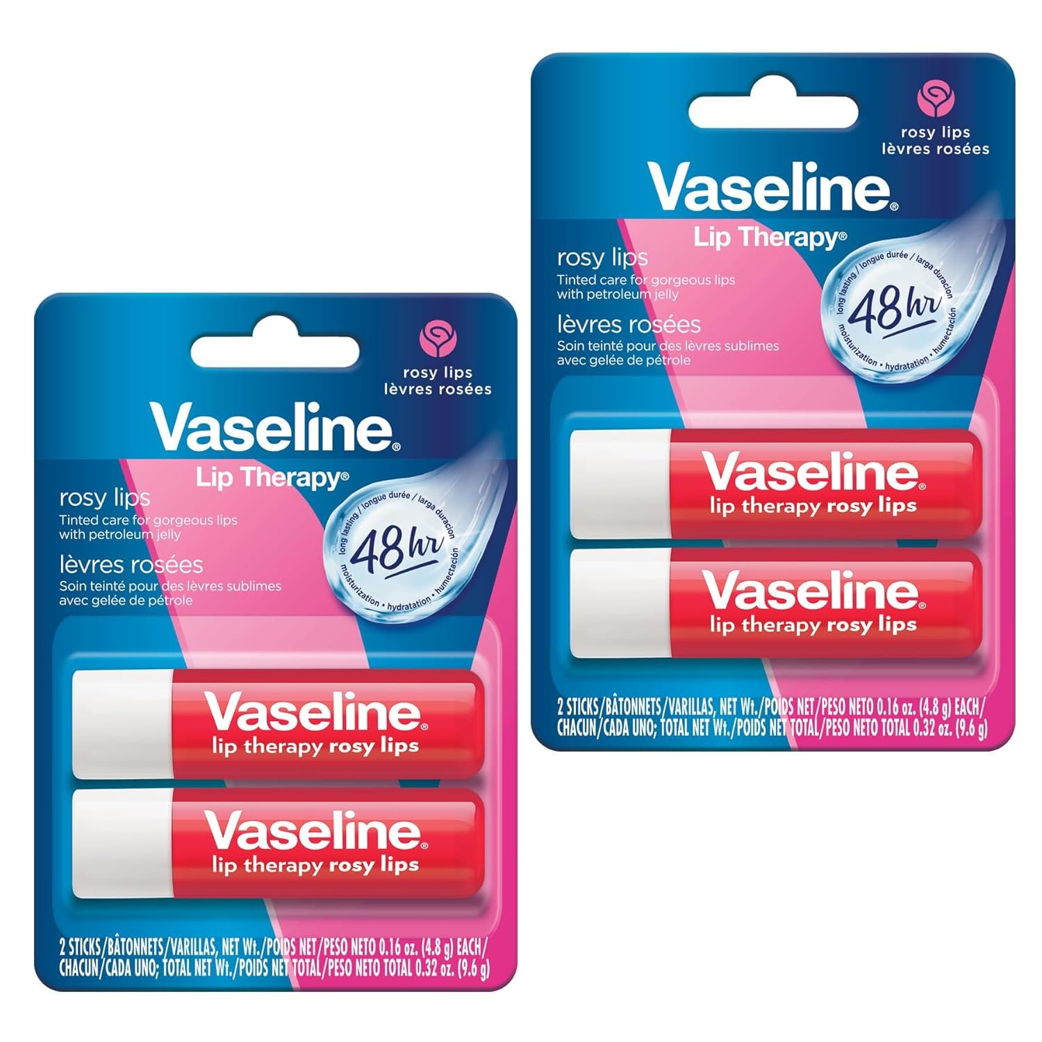 Vaseline Lip Therapy Care Rosy, Fast-Acting Nourishment, Ideal for Chapped, Dry, Cracked, or Damaged Lips, Lip Balm, 2-Pack of 2, 0.16 Oz Each, 4 Lip Balms